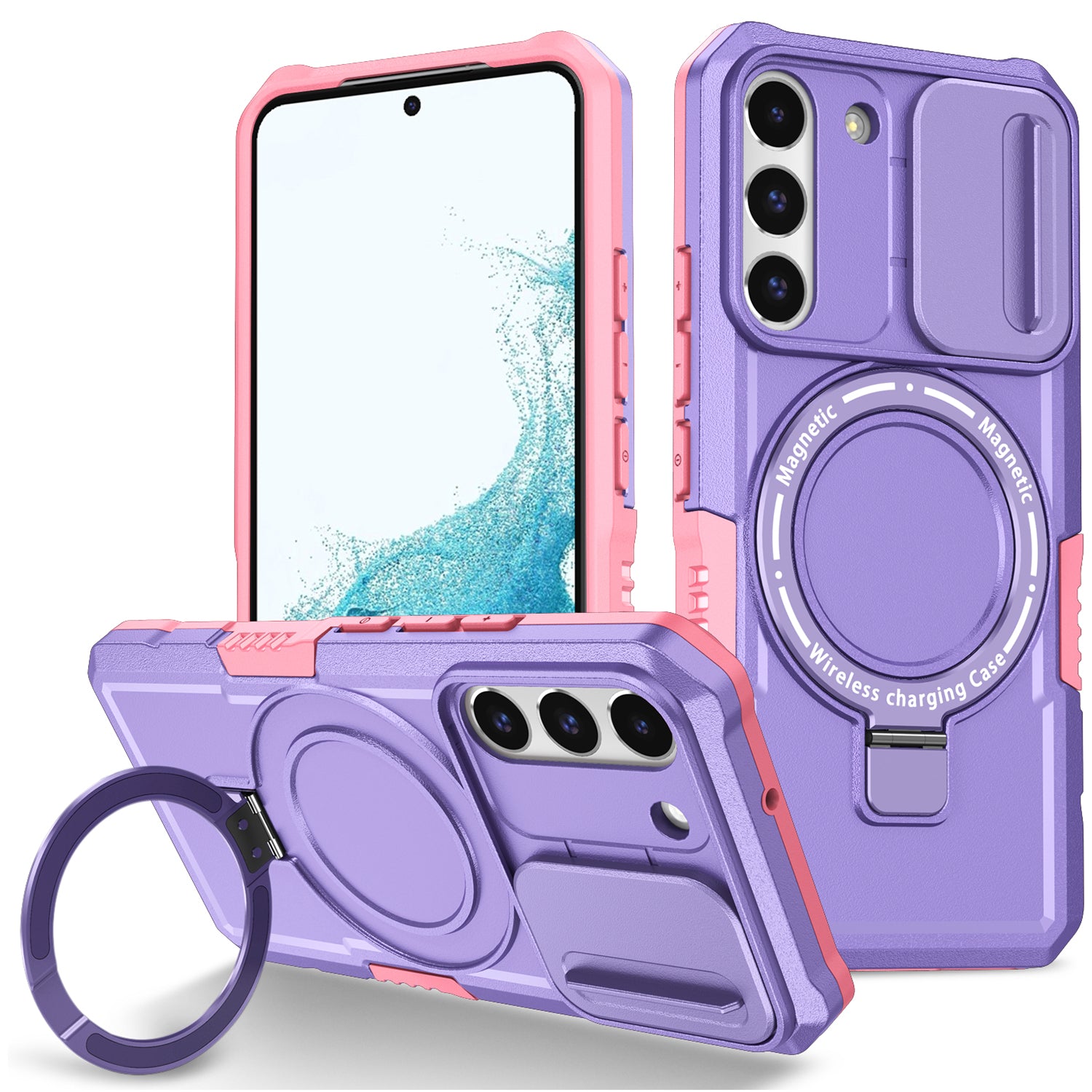 For Samsung Galaxy S22 5G Case PC+TPU Magnetic Phone Shell with Slide Camera Lid