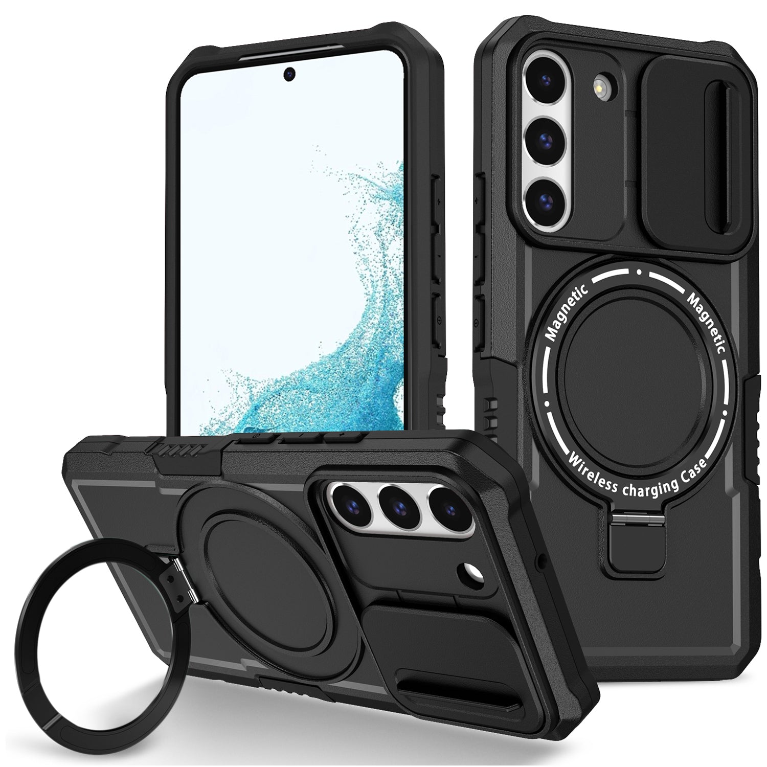 For Samsung Galaxy S22 5G Case PC+TPU Magnetic Phone Shell with Slide Camera Lid