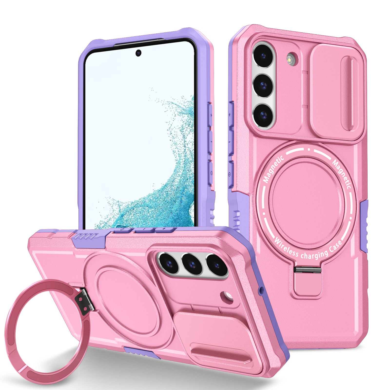 For Samsung Galaxy S22 5G Case PC+TPU Magnetic Phone Shell with Slide Camera Lid