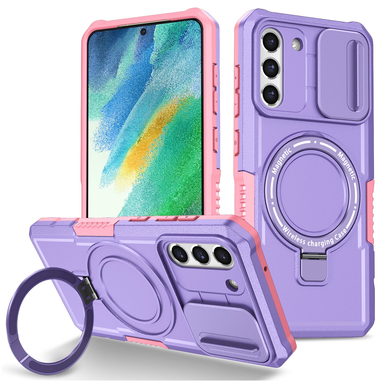 For Samsung Galaxy S21 FE 5G Case PC+TPU Magnetic Phone Shell with Slide Camera Cover