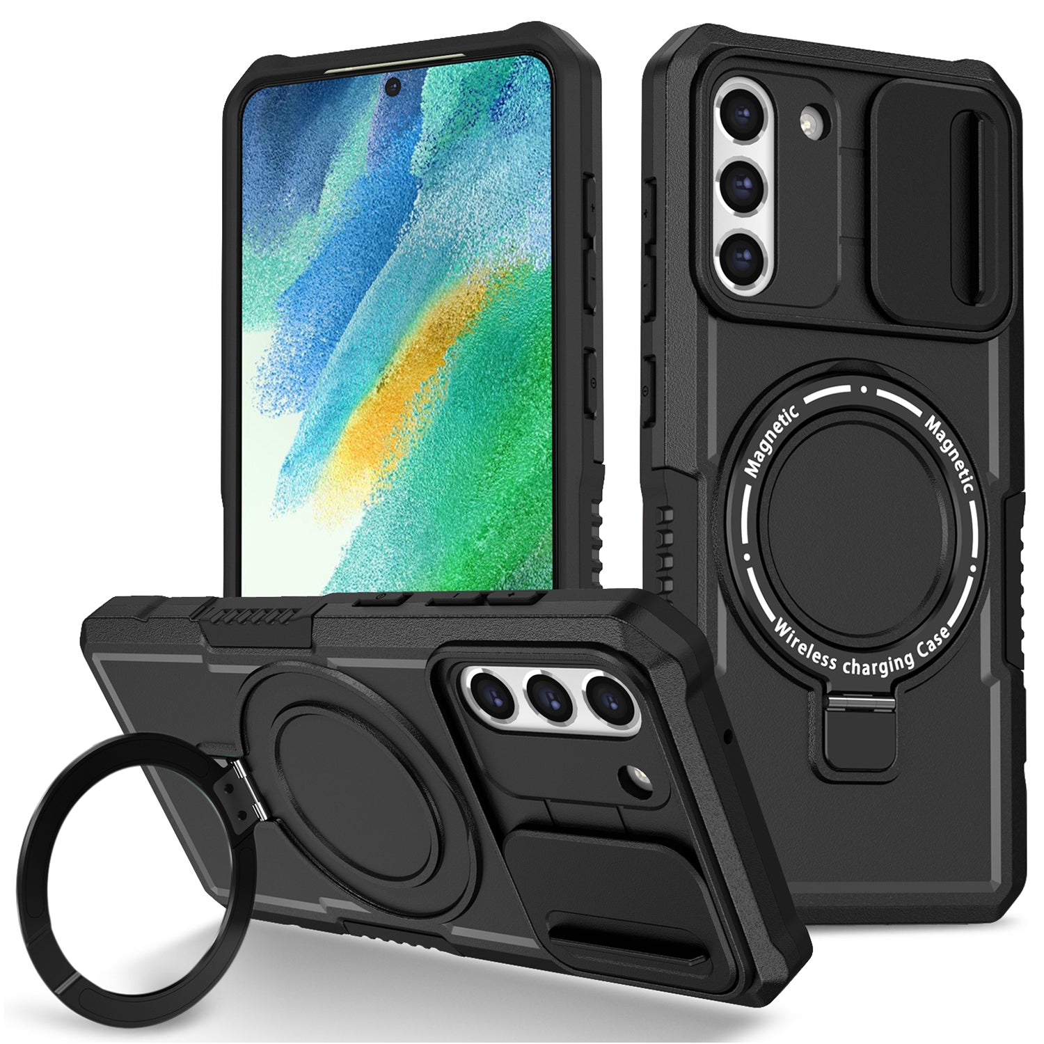 For Samsung Galaxy S21 FE 5G Case PC+TPU Magnetic Phone Shell with Slide Camera Cover