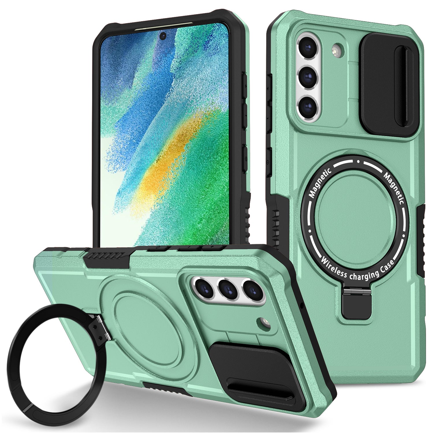 For Samsung Galaxy S21 FE 5G Case PC+TPU Magnetic Phone Shell with Slide Camera Cover