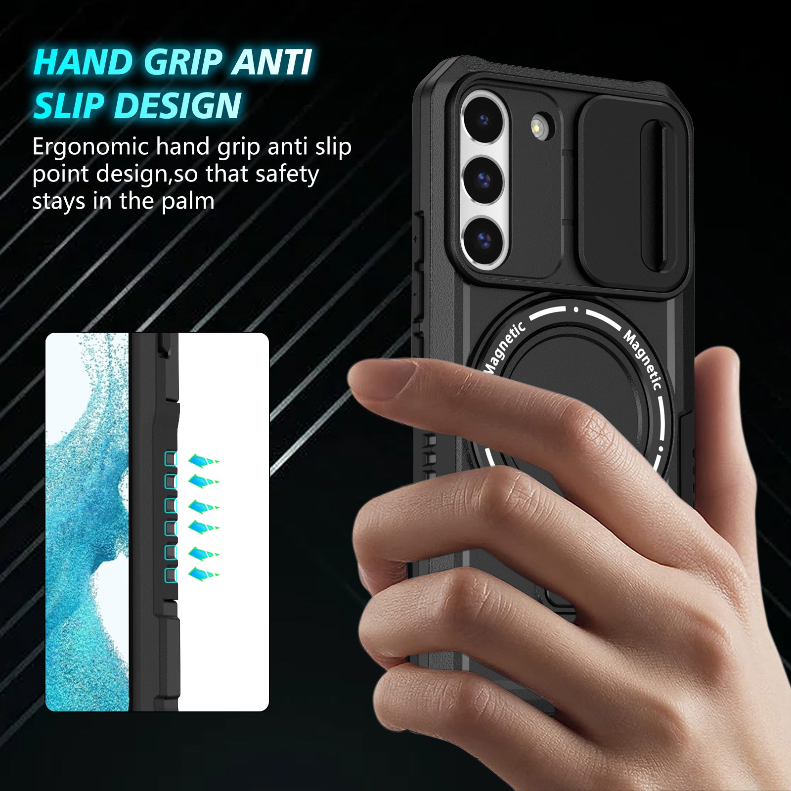 For Samsung Galaxy S22+ 5G kickstand Case PC+TPU Magnetic Phone Shell with Lens Cover