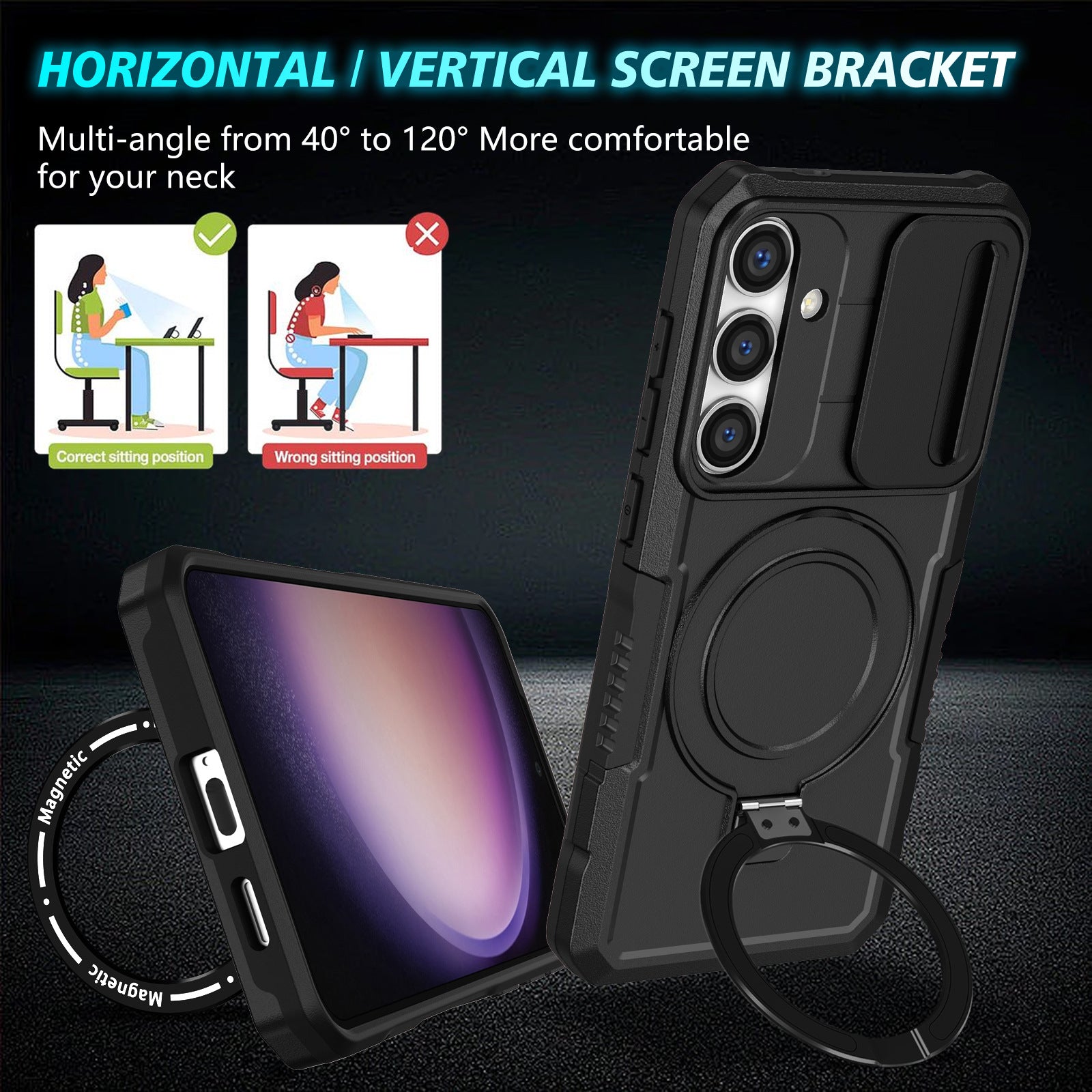 For Samsung Galaxy S24 Case Compatible with MagSafe PC+TPU Phone Case with Lens Lid