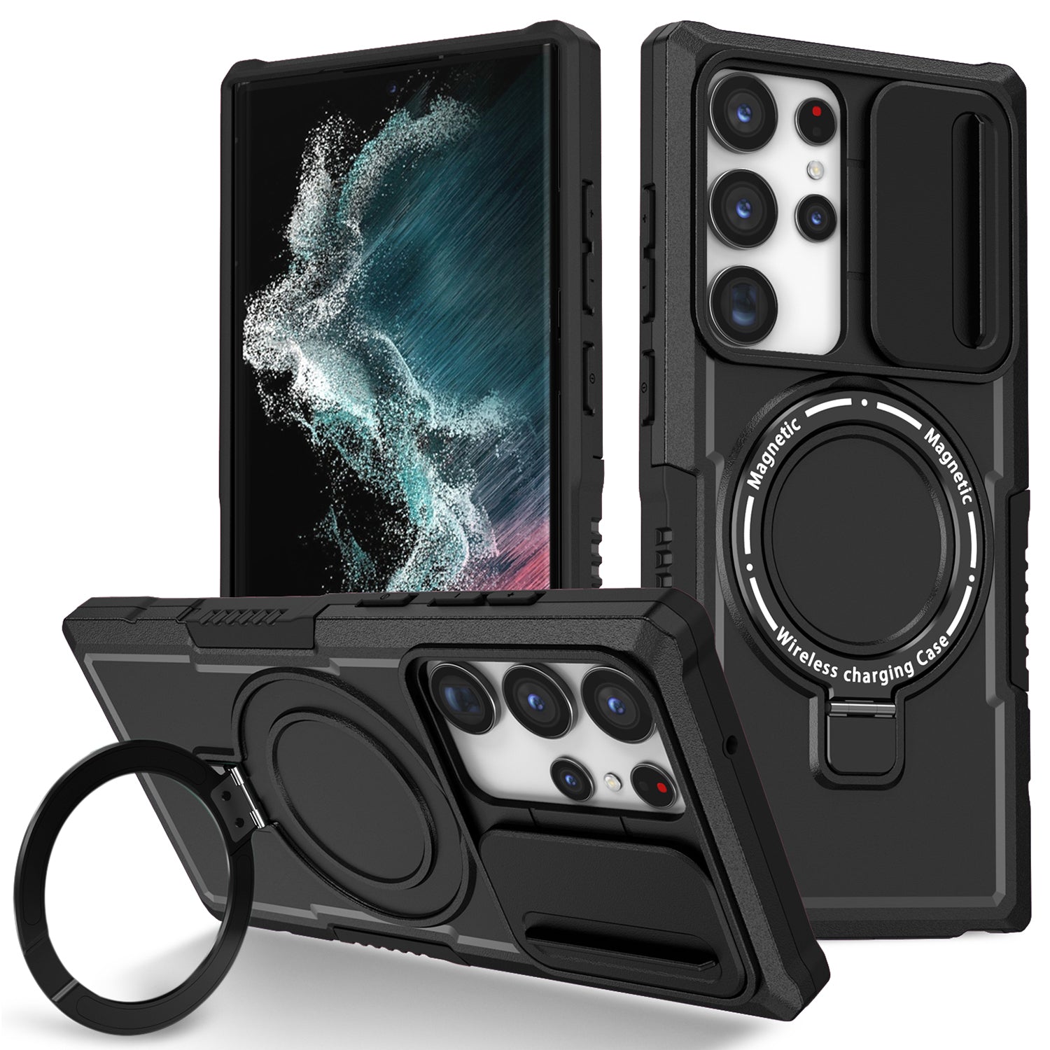 For Samsung Galaxy S22 Ultra 5G Magnetic Phone Case PC+TPU Slide Lens Window Kickstand Shell