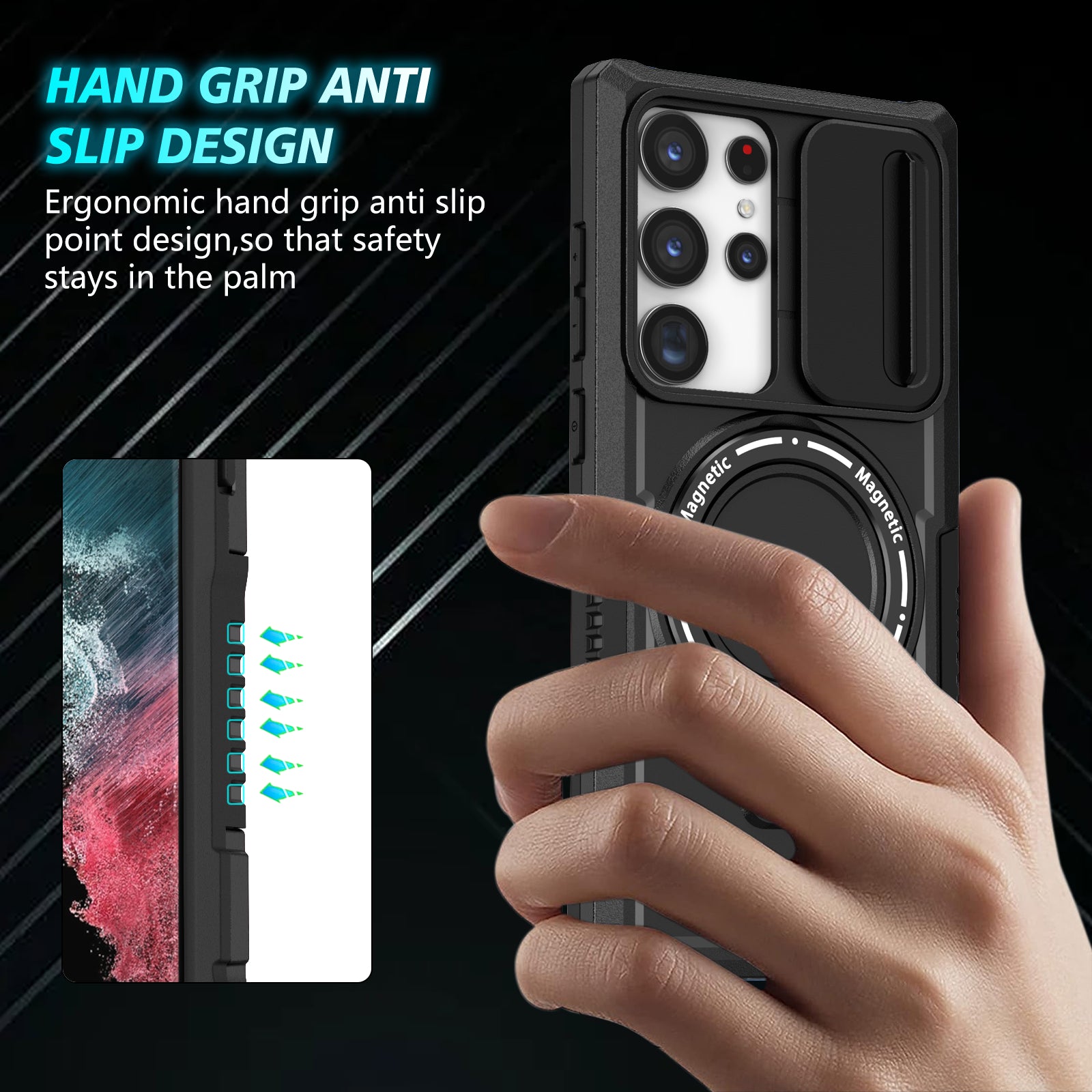 For Samsung Galaxy S22 Ultra 5G Magnetic Phone Case PC+TPU Slide Lens Window Kickstand Shell