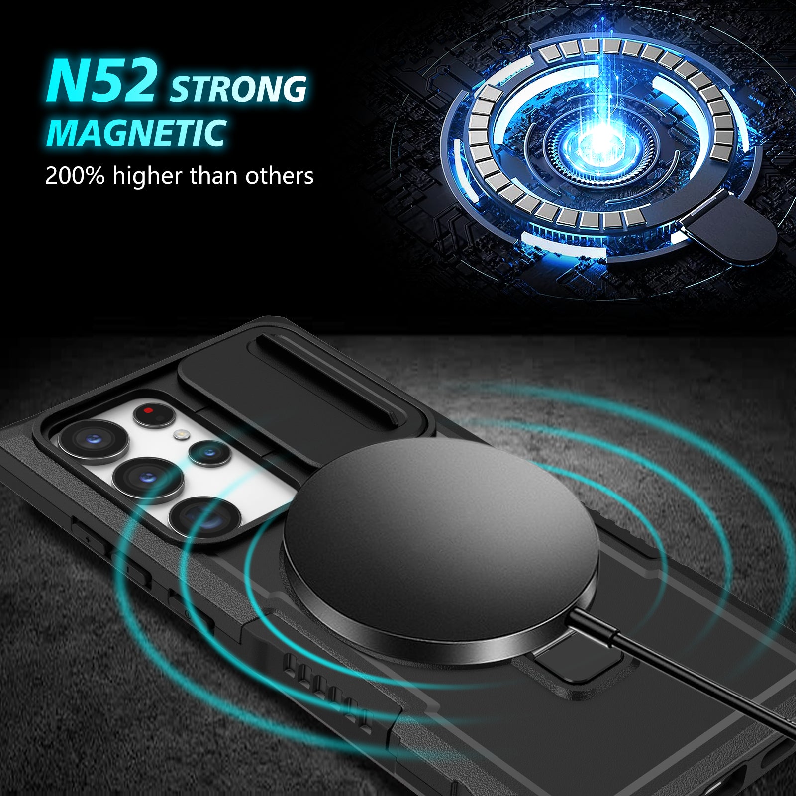 For Samsung Galaxy S22 Ultra 5G Magnetic Phone Case PC+TPU Slide Lens Window Kickstand Shell