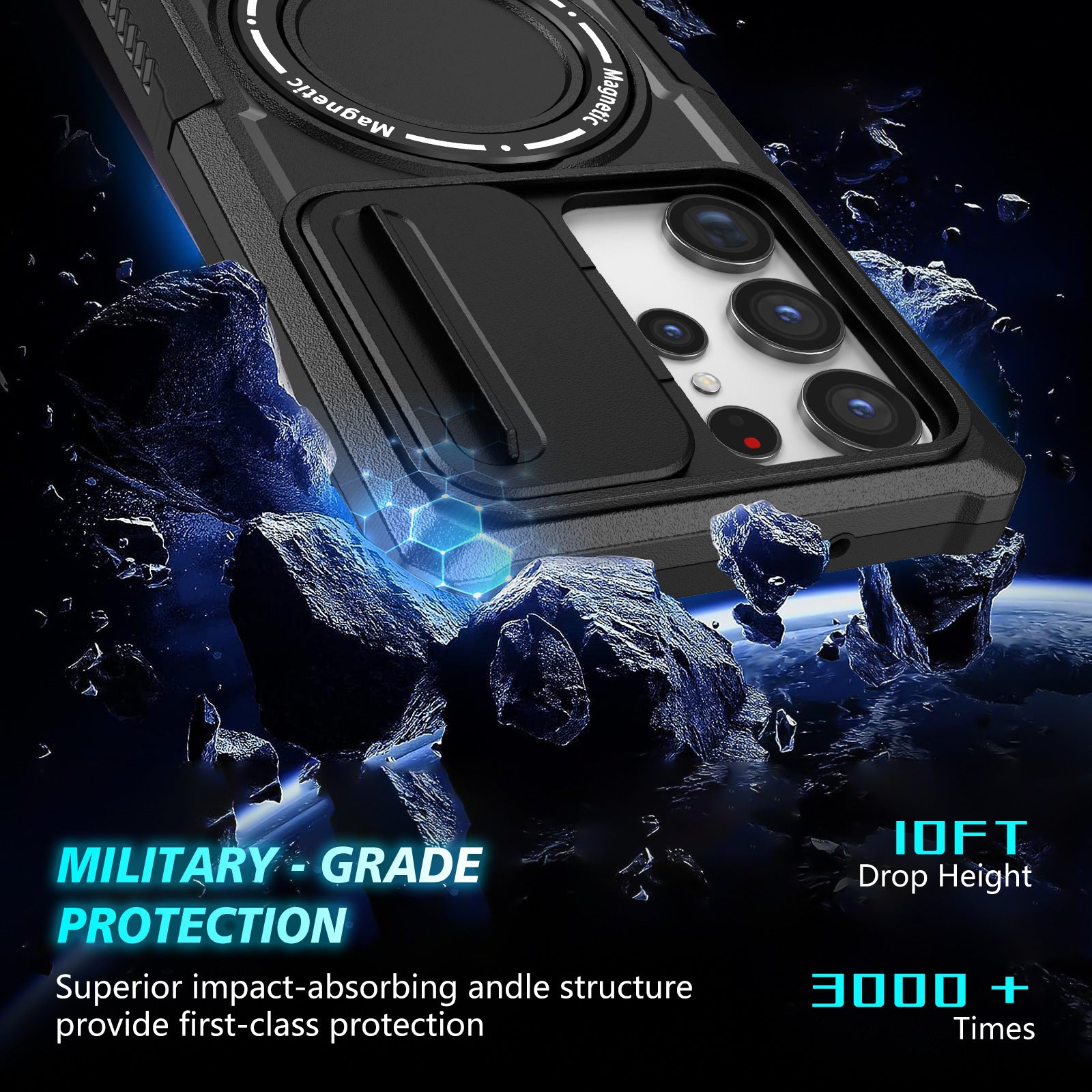 For Samsung Galaxy S22 Ultra 5G Magnetic Phone Case PC+TPU Slide Lens Window Kickstand Shell