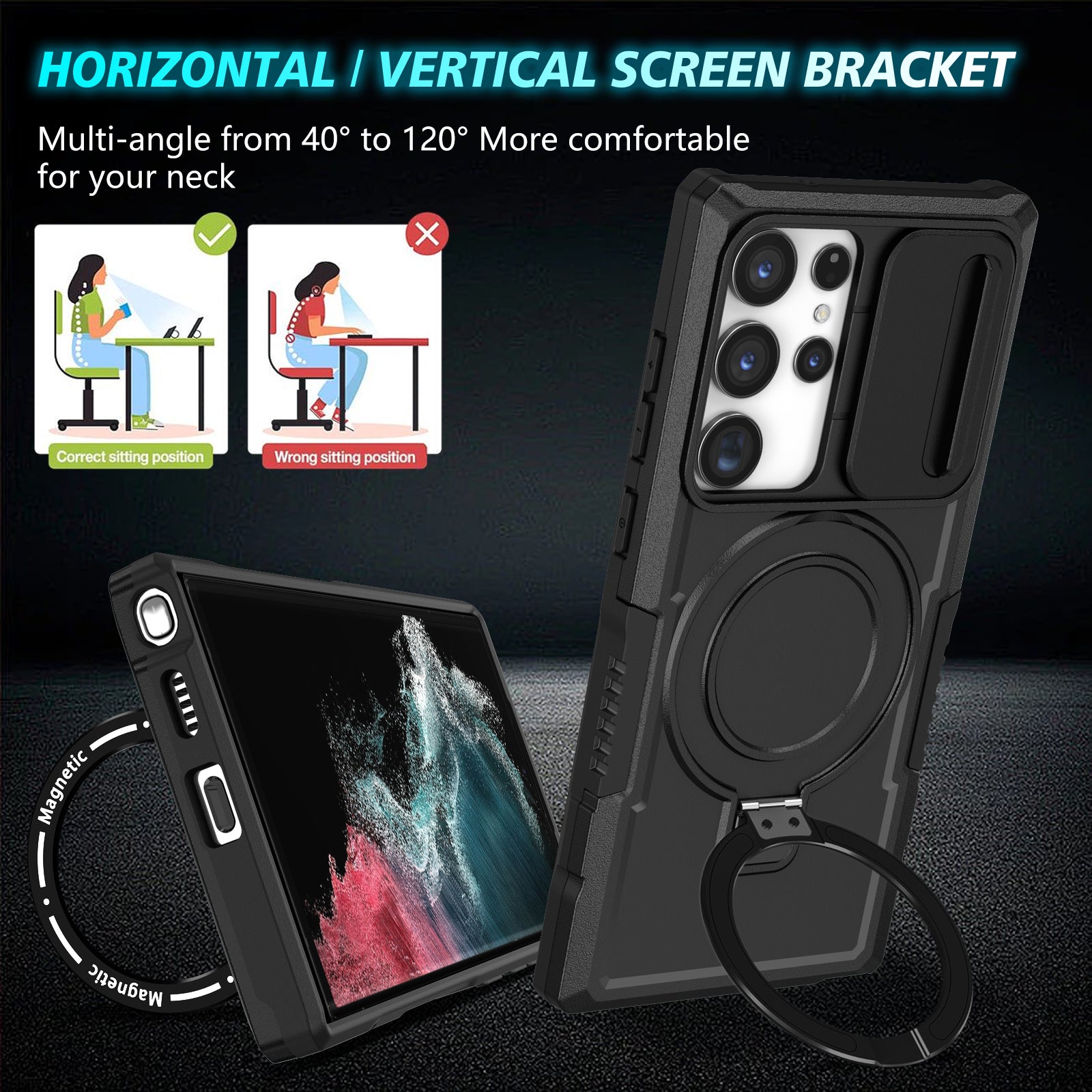For Samsung Galaxy S22 Ultra 5G Magnetic Phone Case PC+TPU Slide Lens Window Kickstand Shell