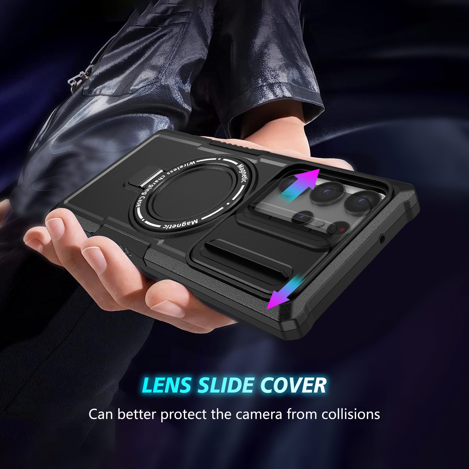 For Samsung Galaxy S22 Ultra 5G Magnetic Phone Case PC+TPU Slide Lens Window Kickstand Shell