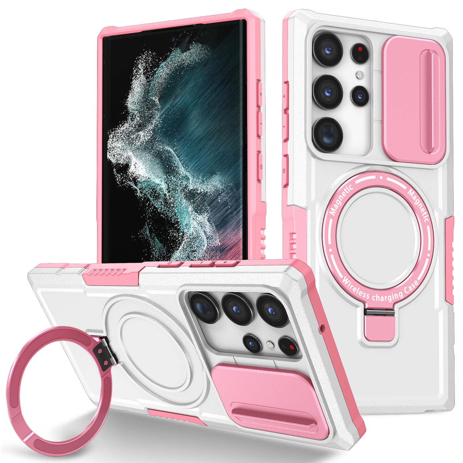 For Samsung Galaxy S22 Ultra 5G Magnetic Phone Case PC+TPU Slide Lens Window Kickstand Shell