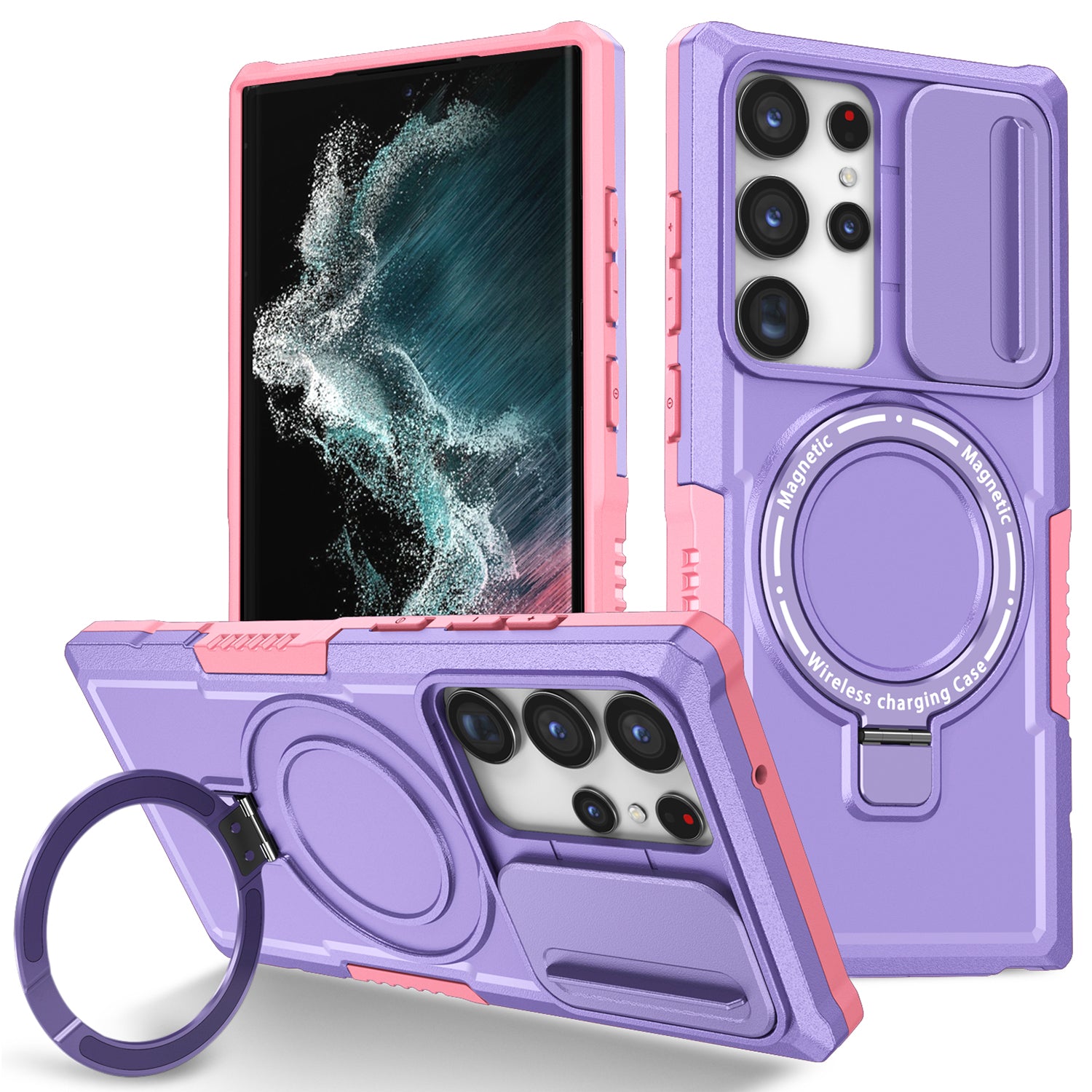 For Samsung Galaxy S22 Ultra 5G Magnetic Phone Case PC+TPU Slide Lens Window Kickstand Shell