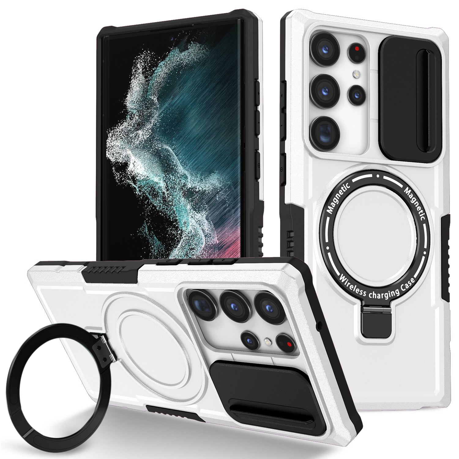 For Samsung Galaxy S22 Ultra 5G Magnetic Phone Case PC+TPU Slide Lens Window Kickstand Shell
