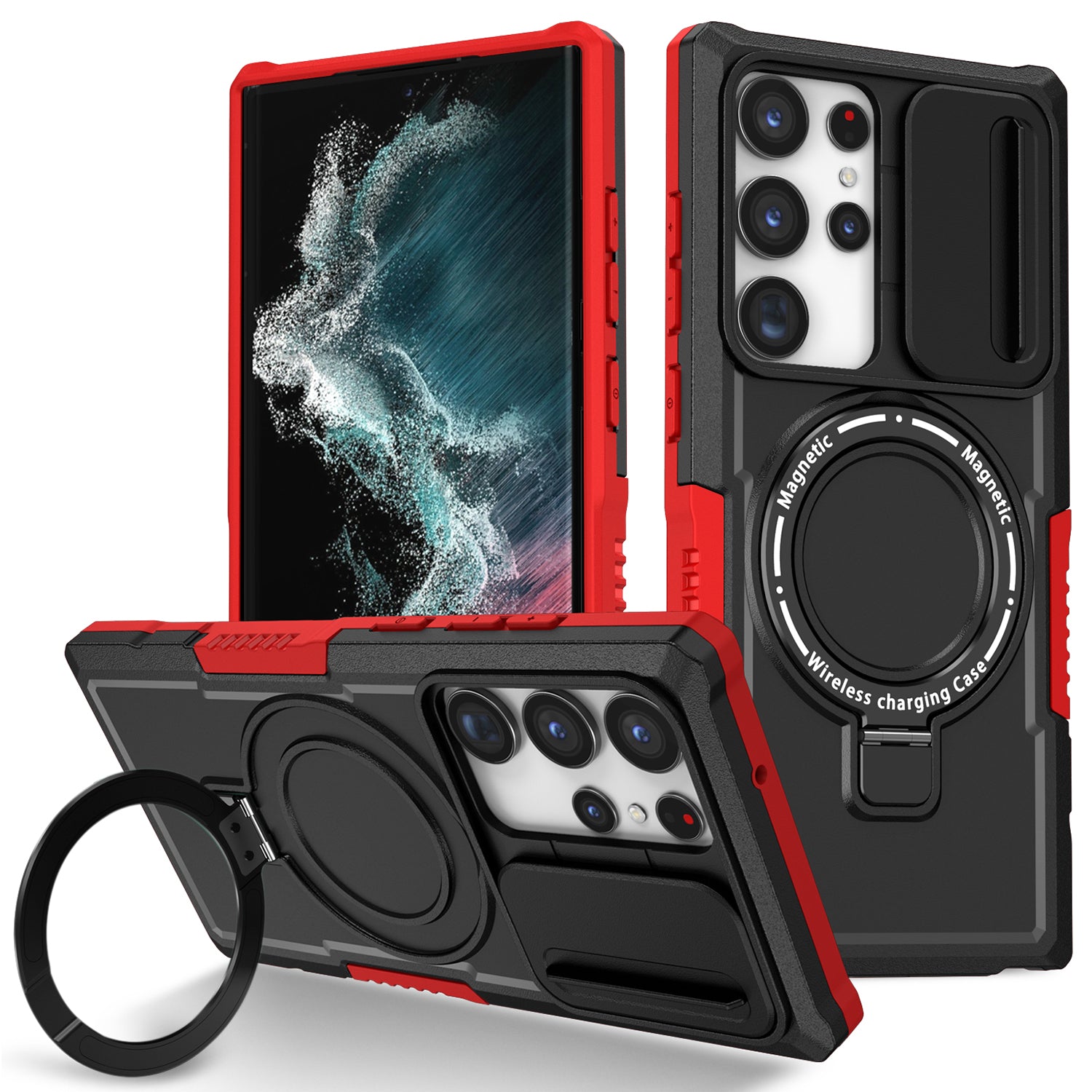 For Samsung Galaxy S22 Ultra 5G Magnetic Phone Case PC+TPU Slide Lens Window Kickstand Shell