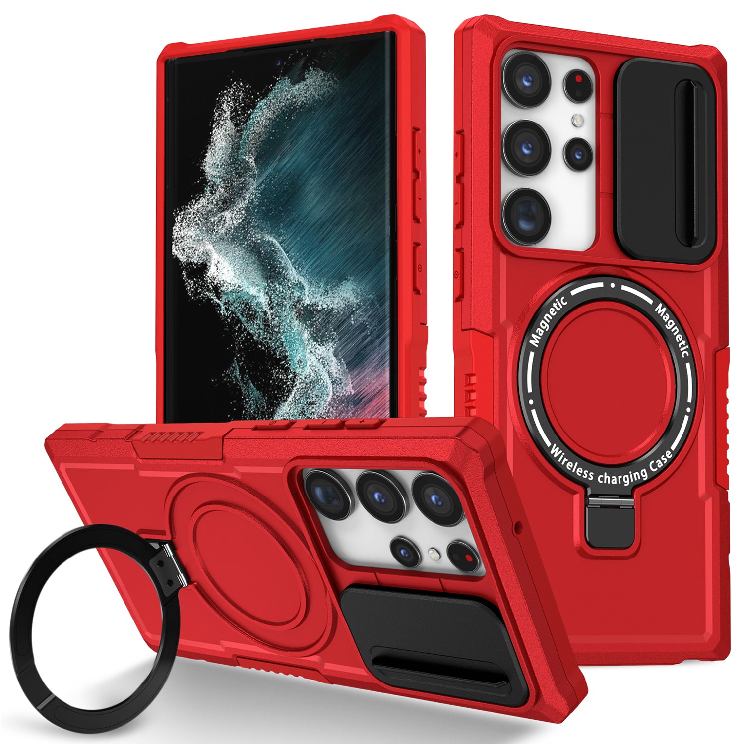 For Samsung Galaxy S22 Ultra 5G Magnetic Phone Case PC+TPU Slide Lens Window Kickstand Shell