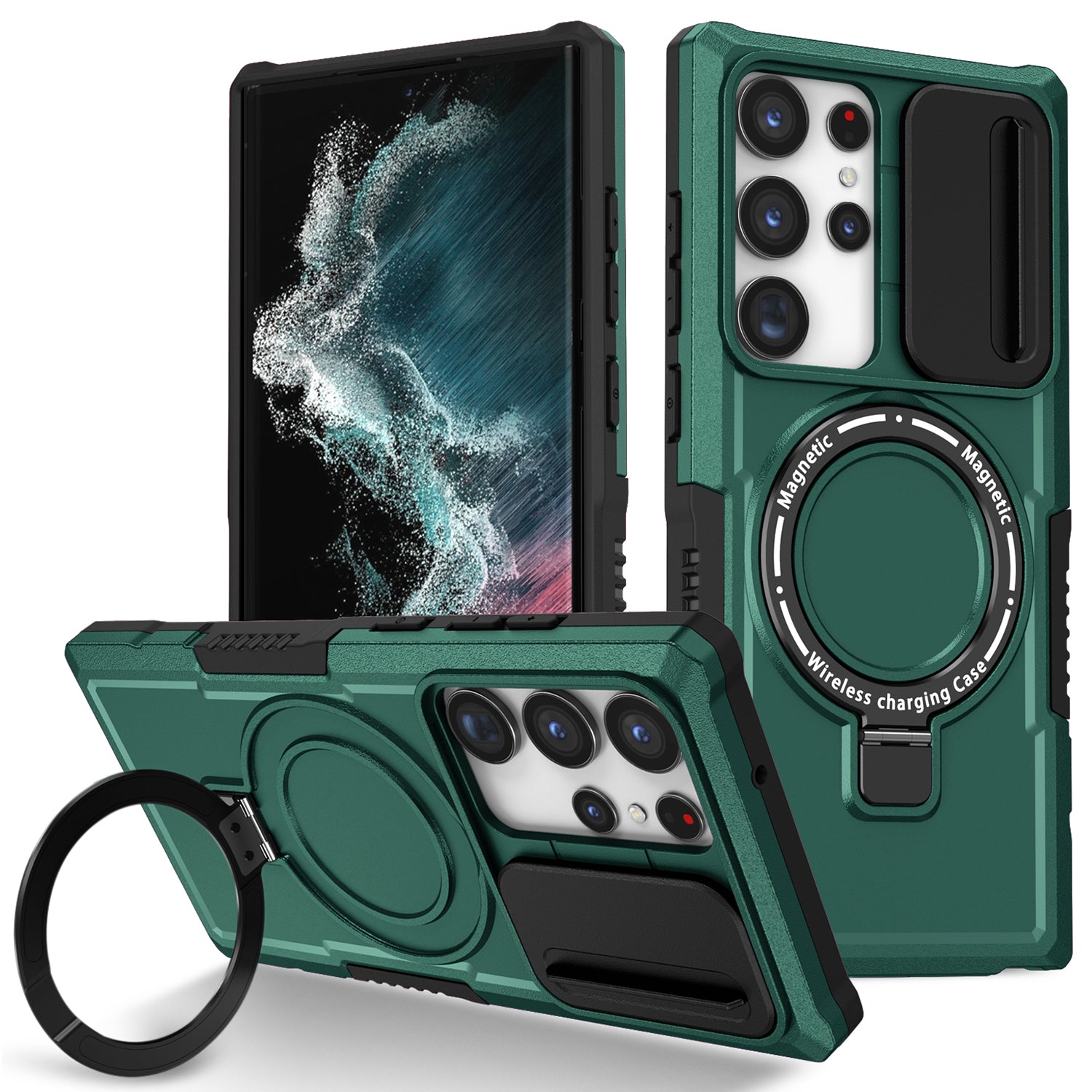 For Samsung Galaxy S22 Ultra 5G Magnetic Phone Case PC+TPU Slide Lens Window Kickstand Shell