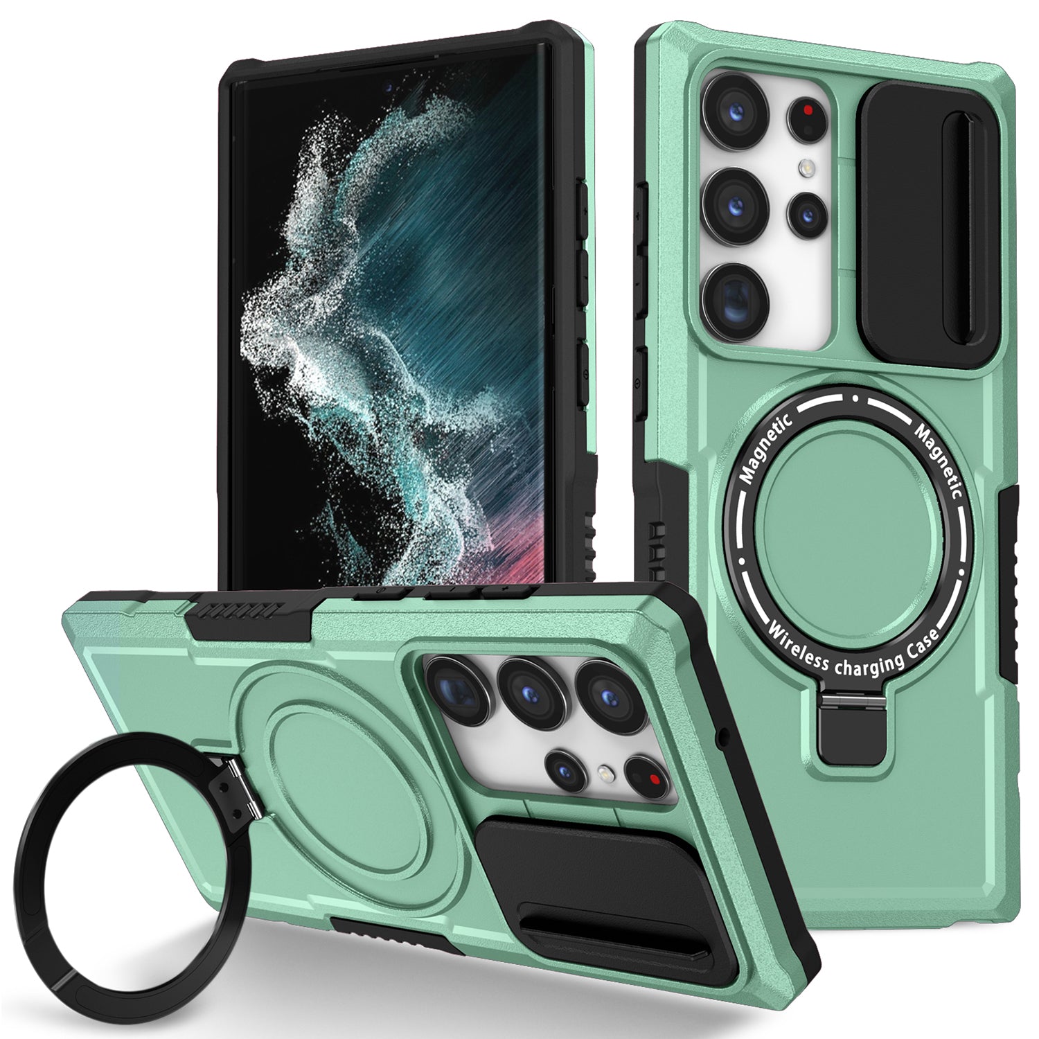 For Samsung Galaxy S22 Ultra 5G Magnetic Phone Case PC+TPU Slide Lens Window Kickstand Shell