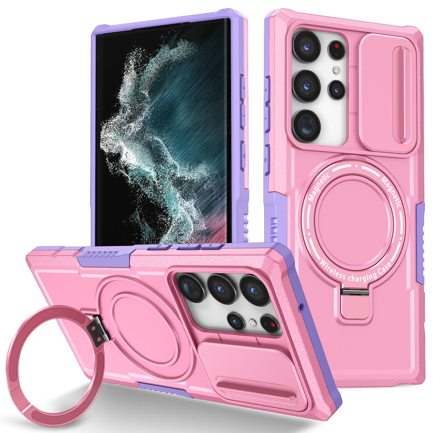 For Samsung Galaxy S22 Ultra 5G Magnetic Phone Case PC+TPU Slide Lens Window Kickstand Shell
