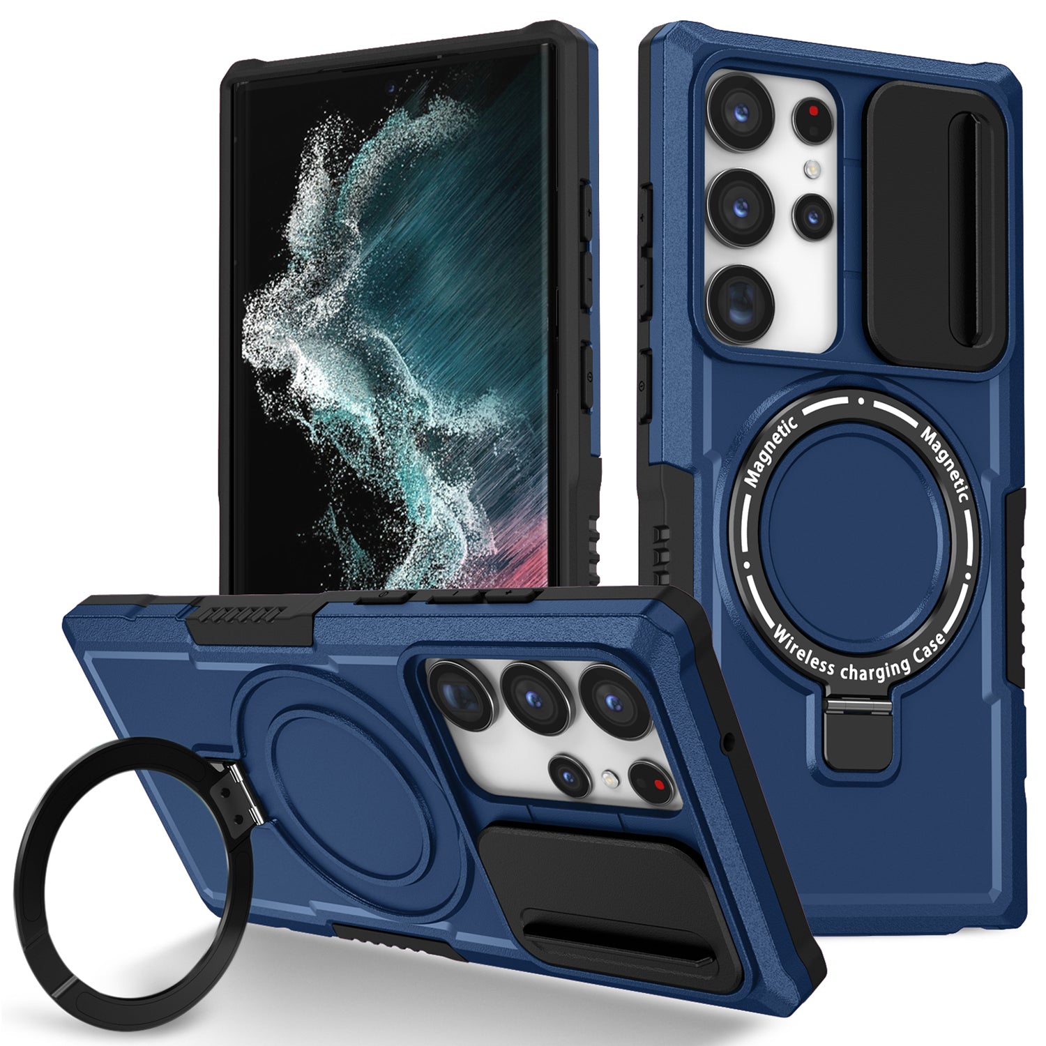 For Samsung Galaxy S22 Ultra 5G Magnetic Phone Case PC+TPU Slide Lens Window Kickstand Shell