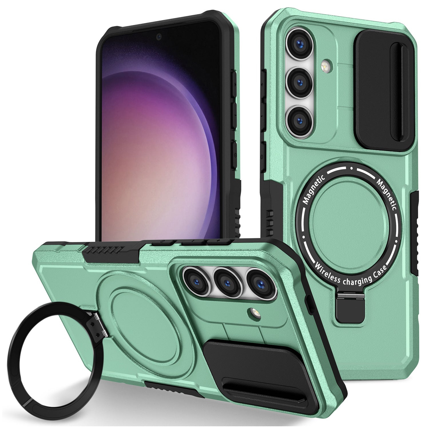 For Samsung Galaxy S24+ Case Slide Lens Window Kickstand Protective Cover Compatible with MagSafe