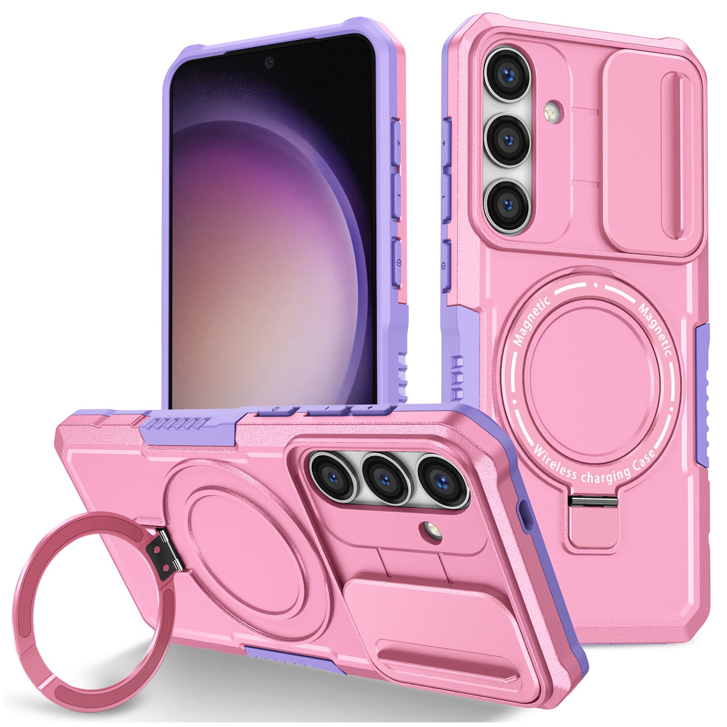 For Samsung Galaxy S24+ Case Slide Lens Window Kickstand Protective Cover Compatible with MagSafe