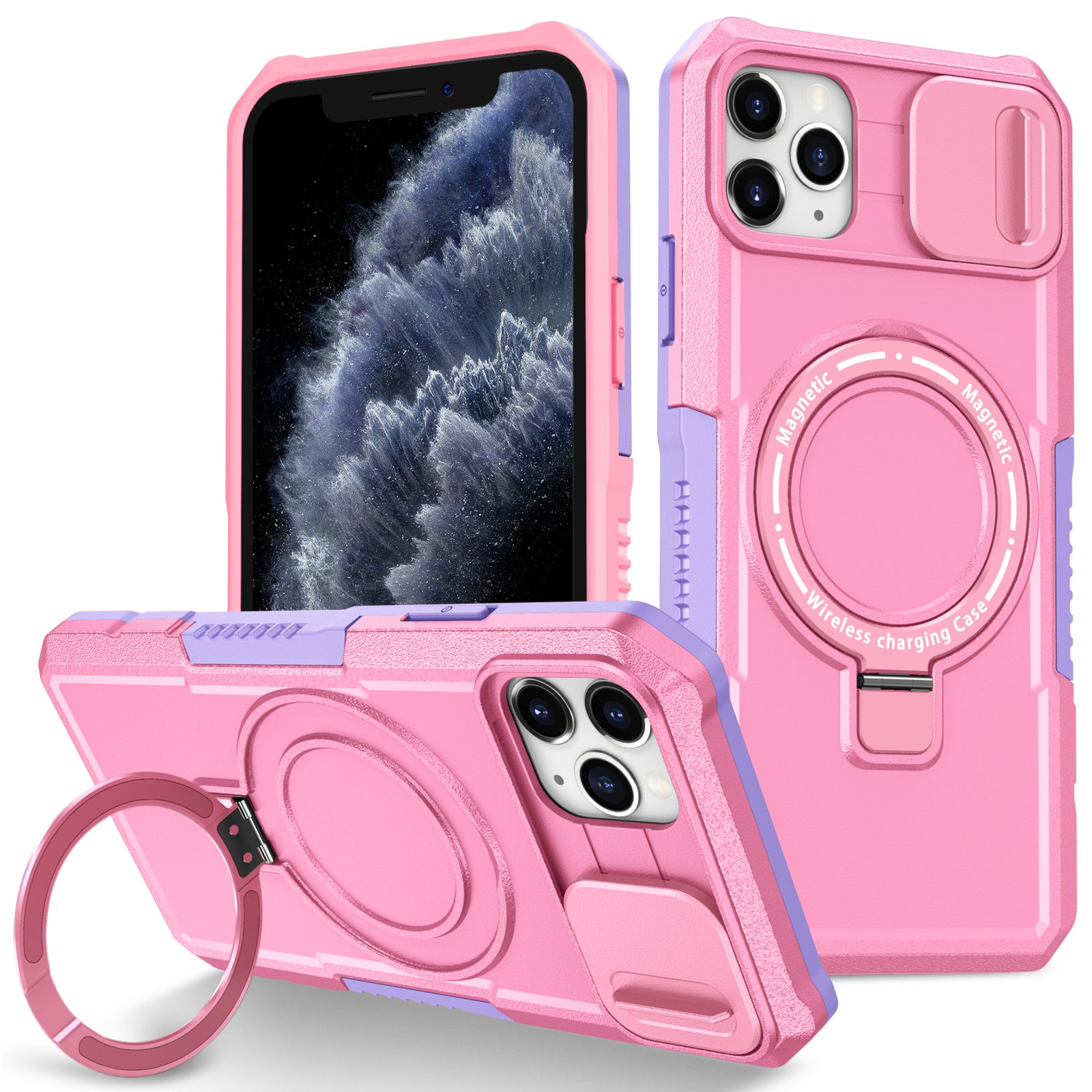 For iPhone 11 Pro Max Case Kickstand PC+TPU Magnetic Phone Cover with Lens Guard