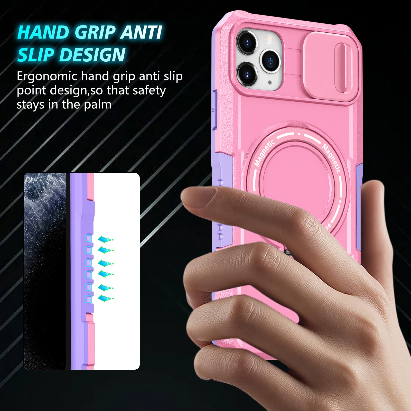 For iPhone 11 Pro Max Case Kickstand PC+TPU Magnetic Phone Cover with Lens Guard