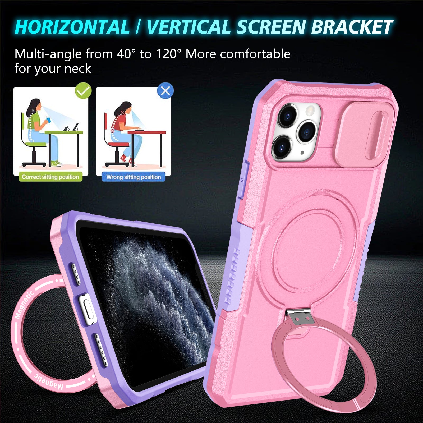 For iPhone 11 Pro Max Case Kickstand PC+TPU Magnetic Phone Cover with Lens Guard