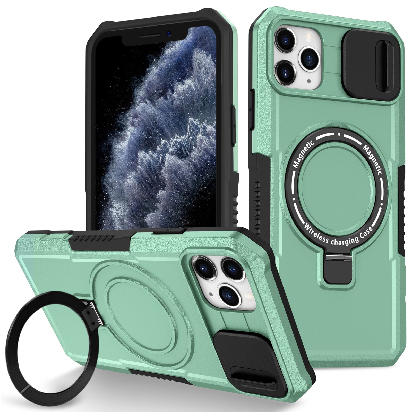 For iPhone 11 Pro Max Case Kickstand PC+TPU Magnetic Phone Cover with Lens Guard
