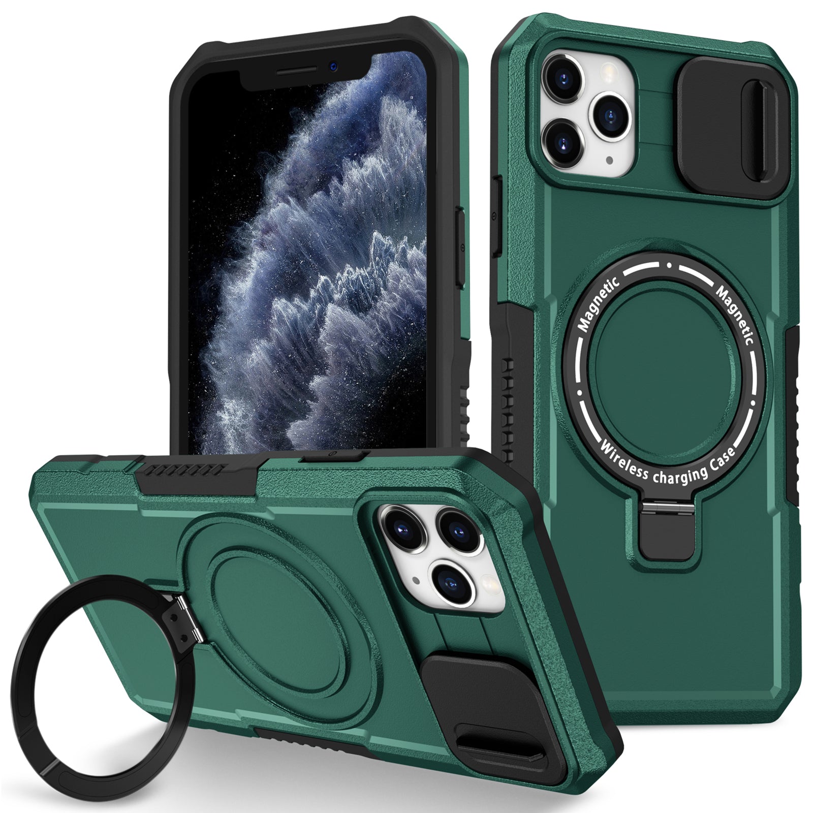 For iPhone 11 Pro Max Case Kickstand PC+TPU Magnetic Phone Cover with Lens Guard