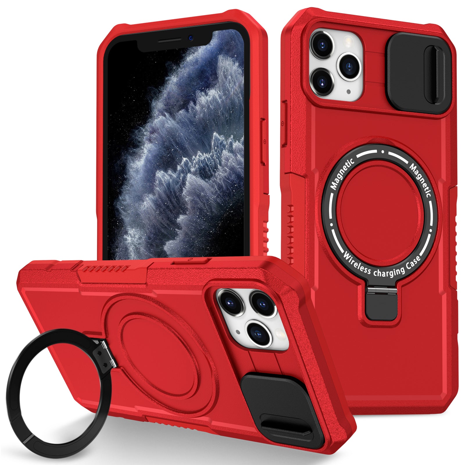 For iPhone 11 Pro Max Case Kickstand PC+TPU Magnetic Phone Cover with Lens Guard
