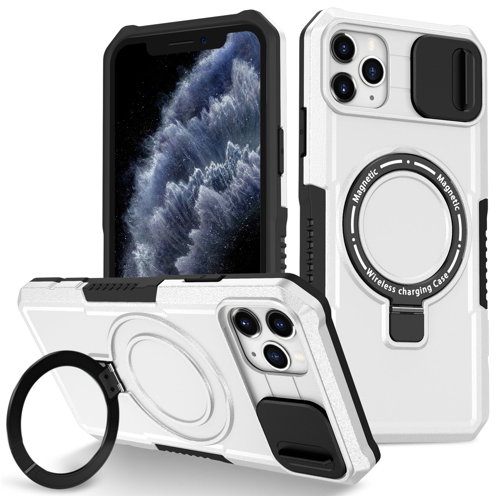 For iPhone 11 Pro Max Case Kickstand PC+TPU Magnetic Phone Cover with Lens Guard