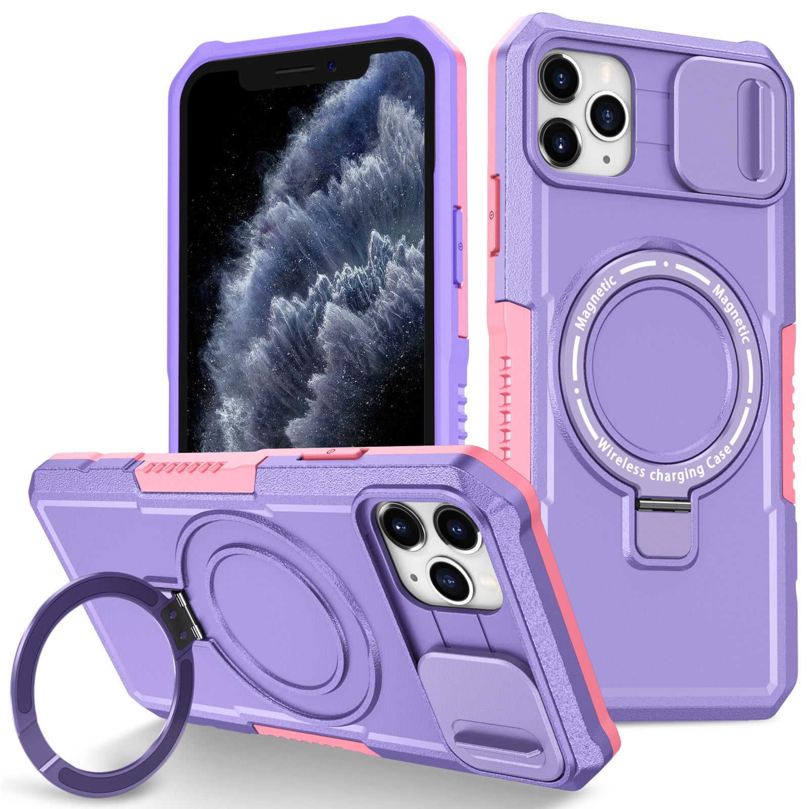 For iPhone 11 Pro Max Case Kickstand PC+TPU Magnetic Phone Cover with Lens Guard