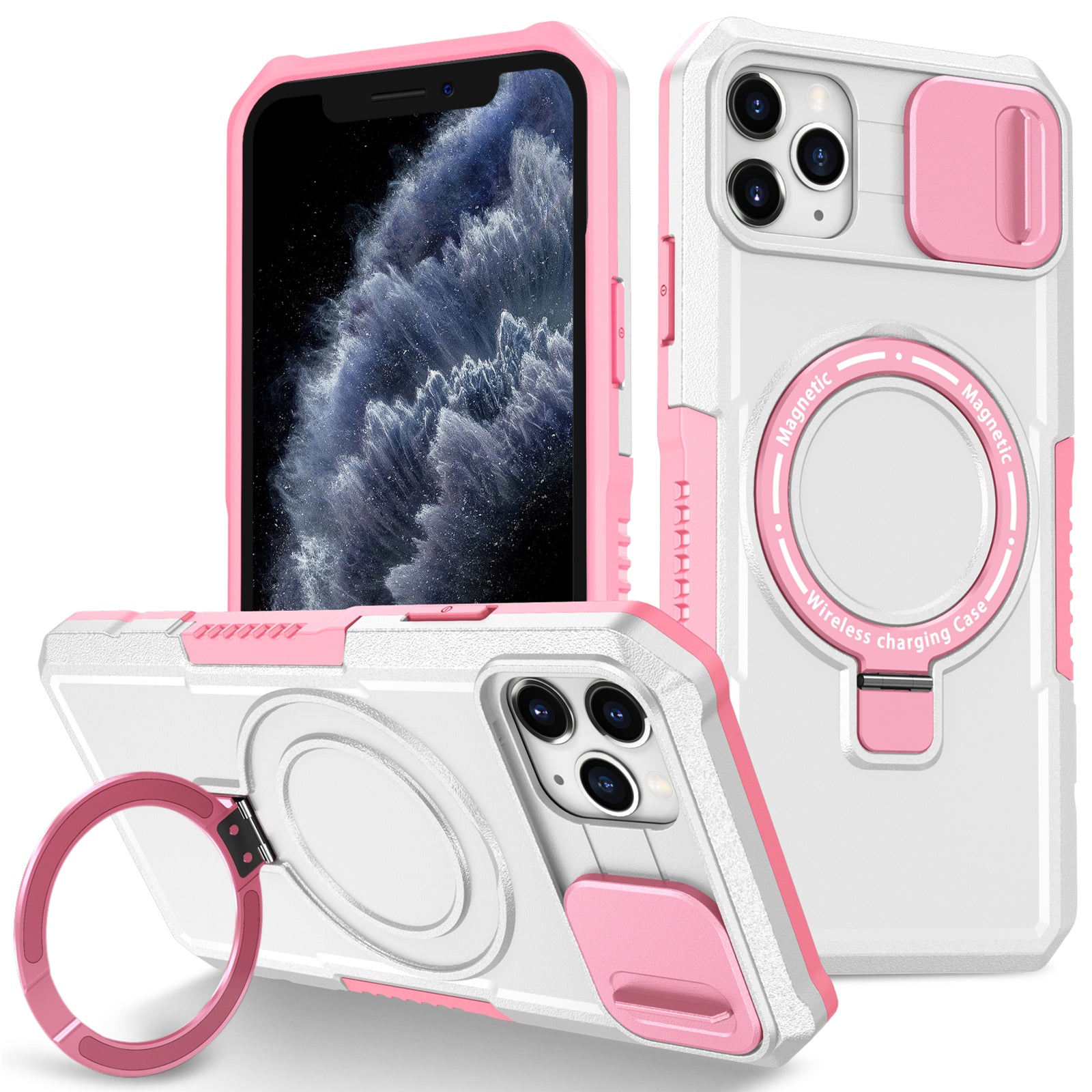 For iPhone 11 Pro Max Case Kickstand PC+TPU Magnetic Phone Cover with Lens Guard