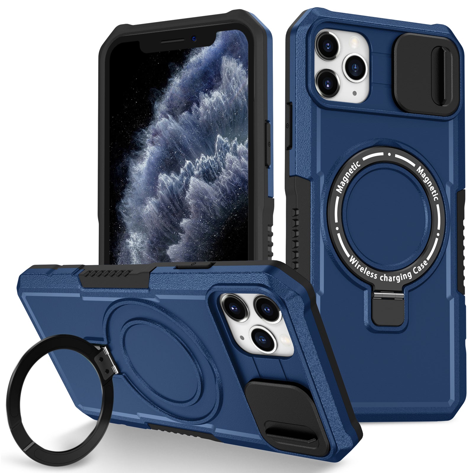 For iPhone 11 Pro Max Case Kickstand PC+TPU Magnetic Phone Cover with Lens Guard