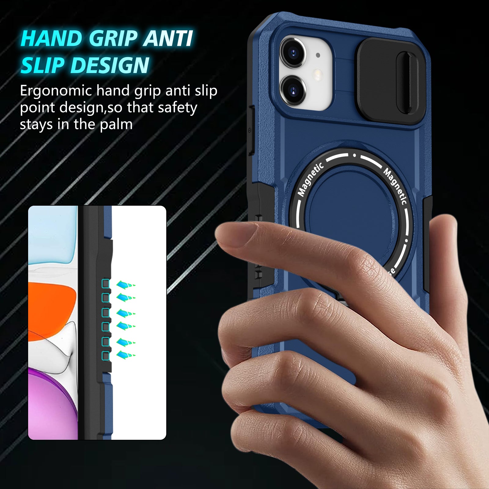For iPhone 11 Case Invisible Magnetic Kickstand PC+TPU Phone Shell Built-in Sliding Lens Cover