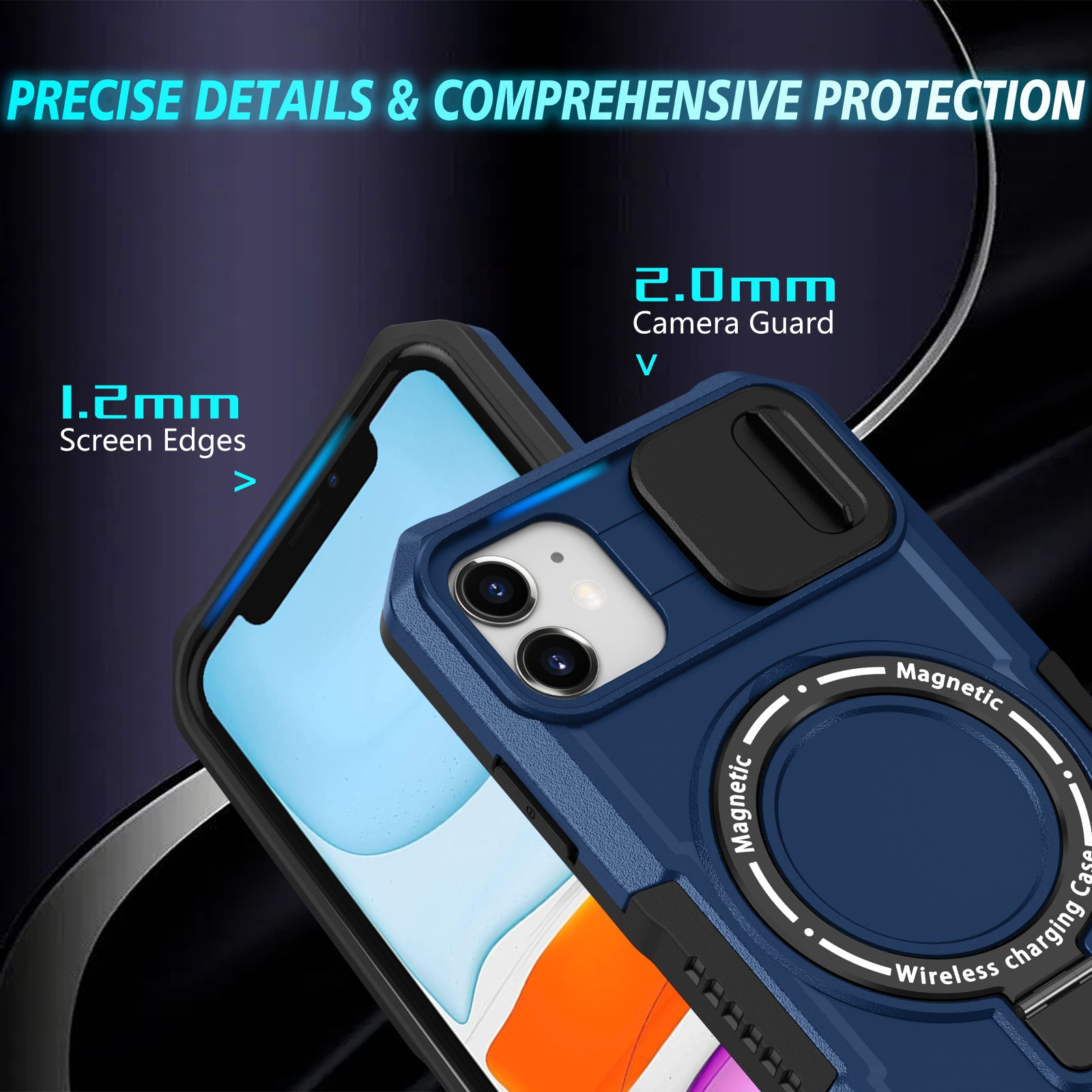 For iPhone 11 Case Invisible Magnetic Kickstand PC+TPU Phone Shell Built-in Sliding Lens Cover
