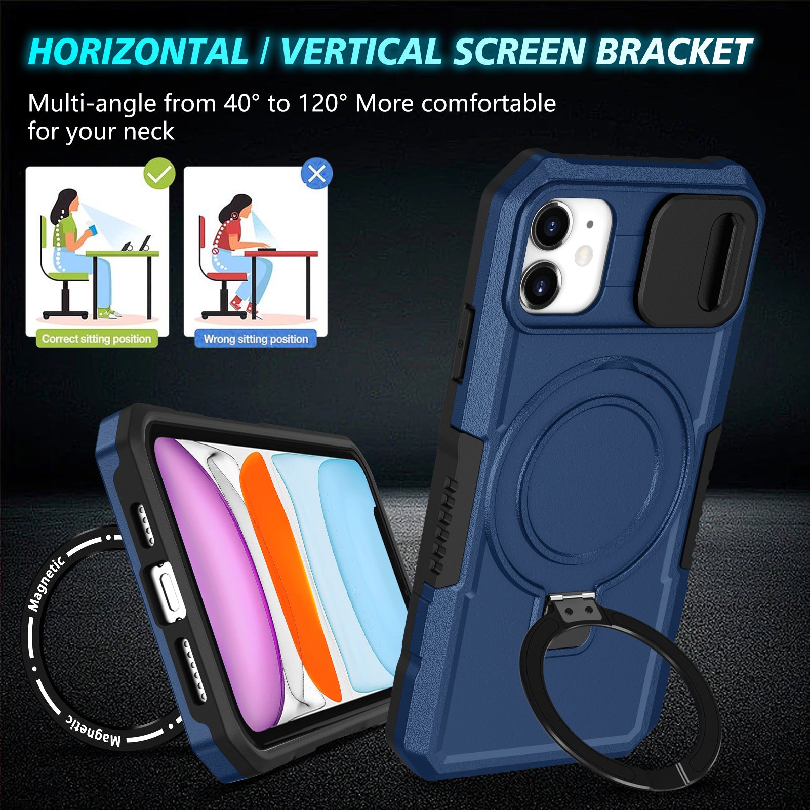 For iPhone 11 Case Invisible Magnetic Kickstand PC+TPU Phone Shell Built-in Sliding Lens Cover