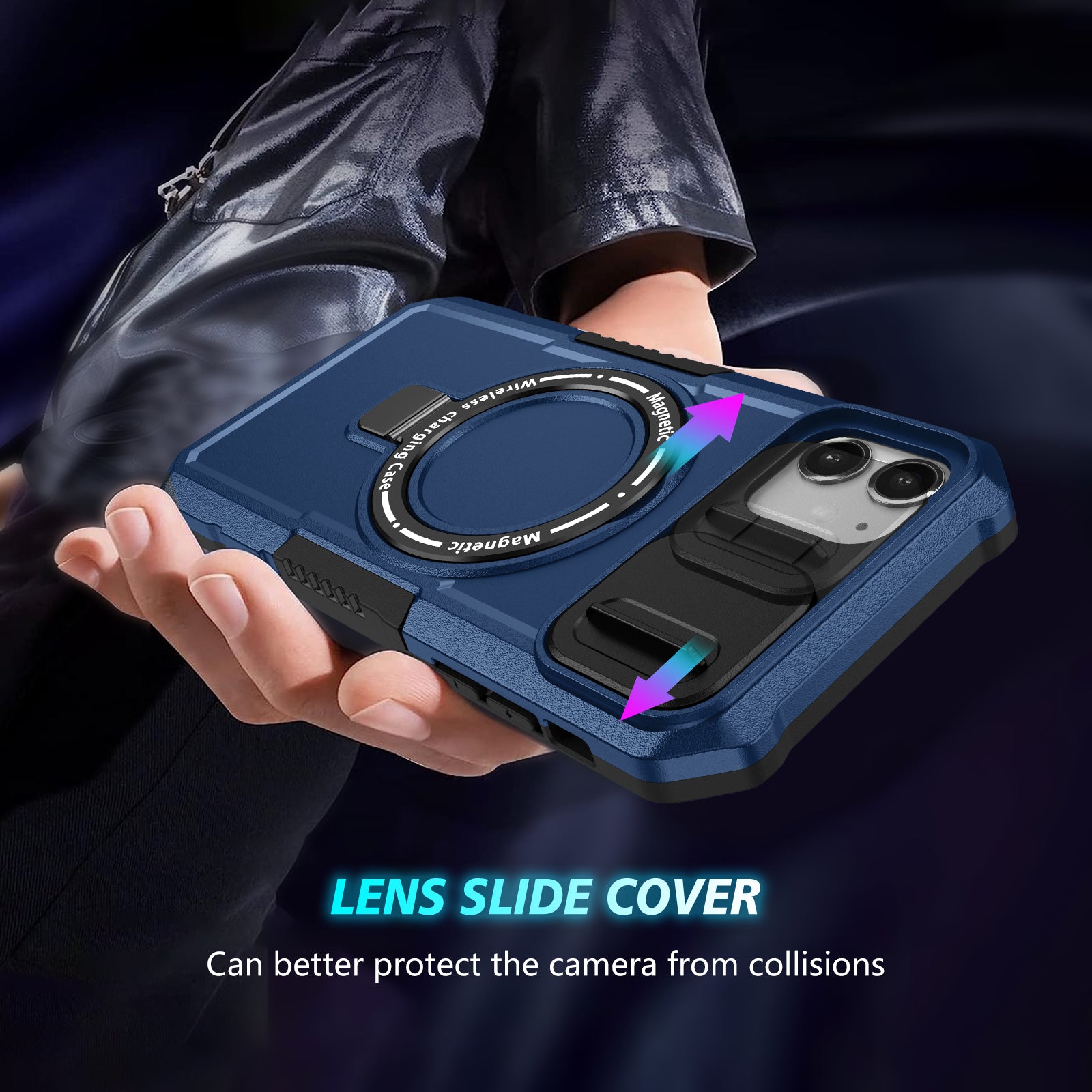 For iPhone 11 Case Invisible Magnetic Kickstand PC+TPU Phone Shell Built-in Sliding Lens Cover