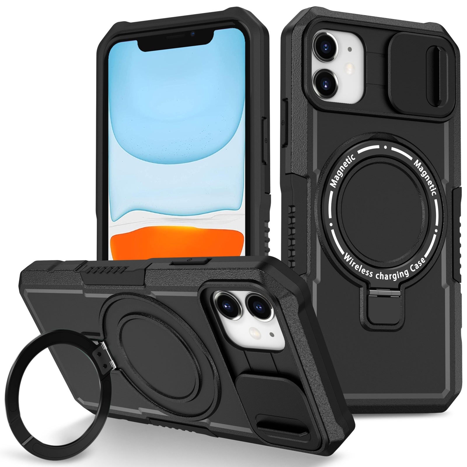 For iPhone 11 Case Invisible Magnetic Kickstand PC+TPU Phone Shell Built-in Sliding Lens Cover