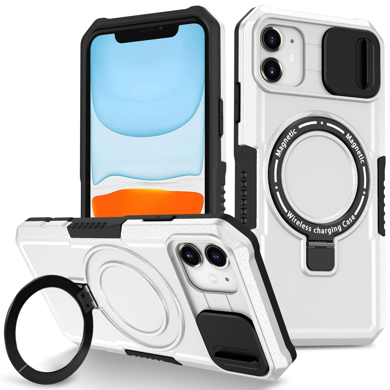 For iPhone 11 Case Invisible Magnetic Kickstand PC+TPU Phone Shell Built-in Sliding Lens Cover