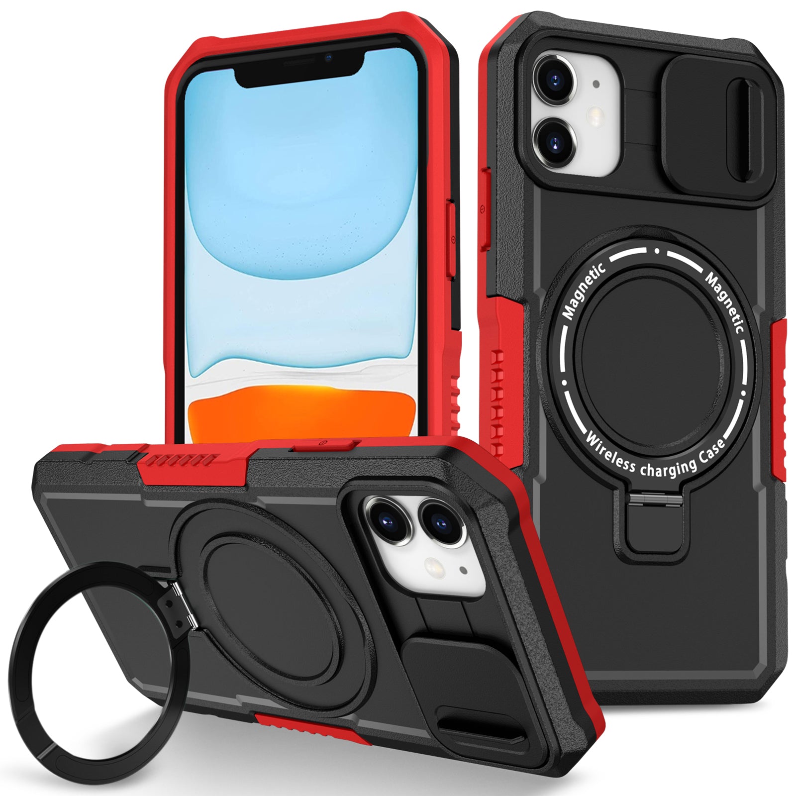 For iPhone 11 Case Invisible Magnetic Kickstand PC+TPU Phone Shell Built-in Sliding Lens Cover