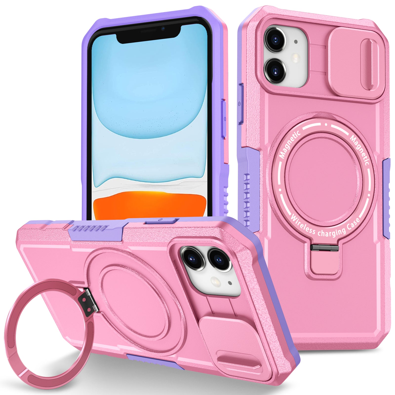 For iPhone 11 Case Invisible Magnetic Kickstand PC+TPU Phone Shell Built-in Sliding Lens Cover
