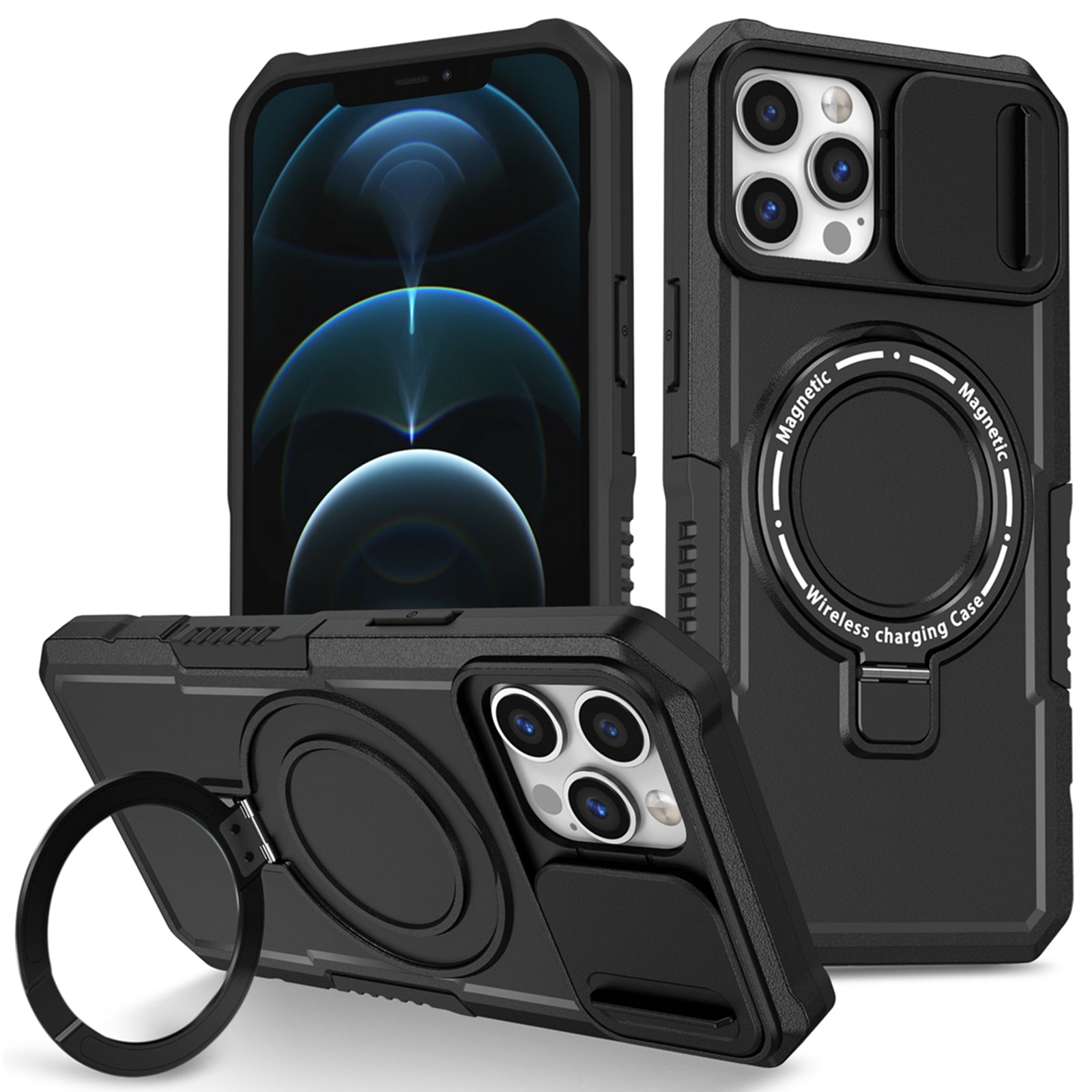 For iPhone 12 / 12 Pro Magnetic Case Slide Lens Lid Kickstand PC+TPU Phone Cover