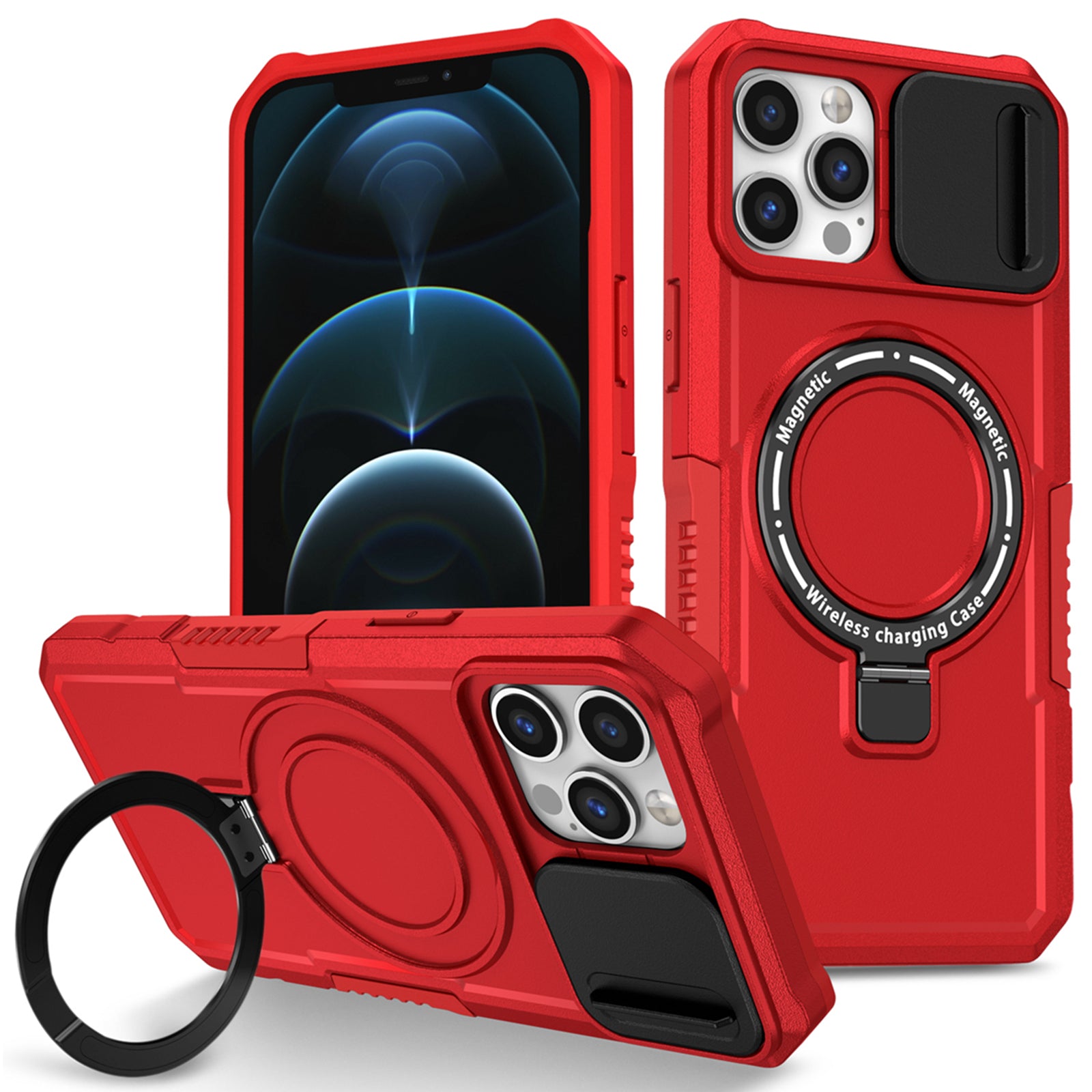 For iPhone 12 / 12 Pro Magnetic Case Slide Lens Lid Kickstand PC+TPU Phone Cover