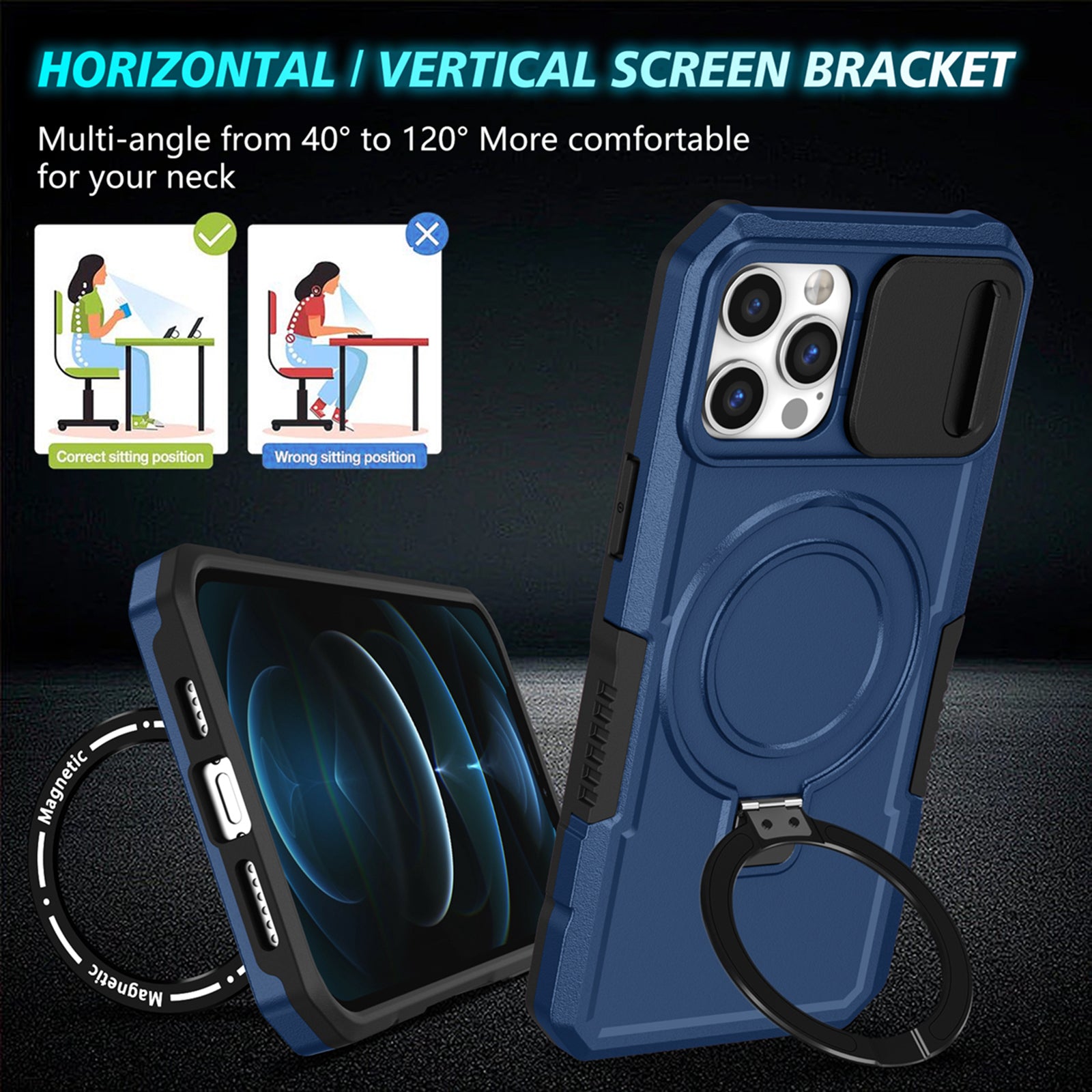 For iPhone 12 Pro Max 6.7 inch Magnetic Phone Case PC+TPU Cover with Slide Camera Lid