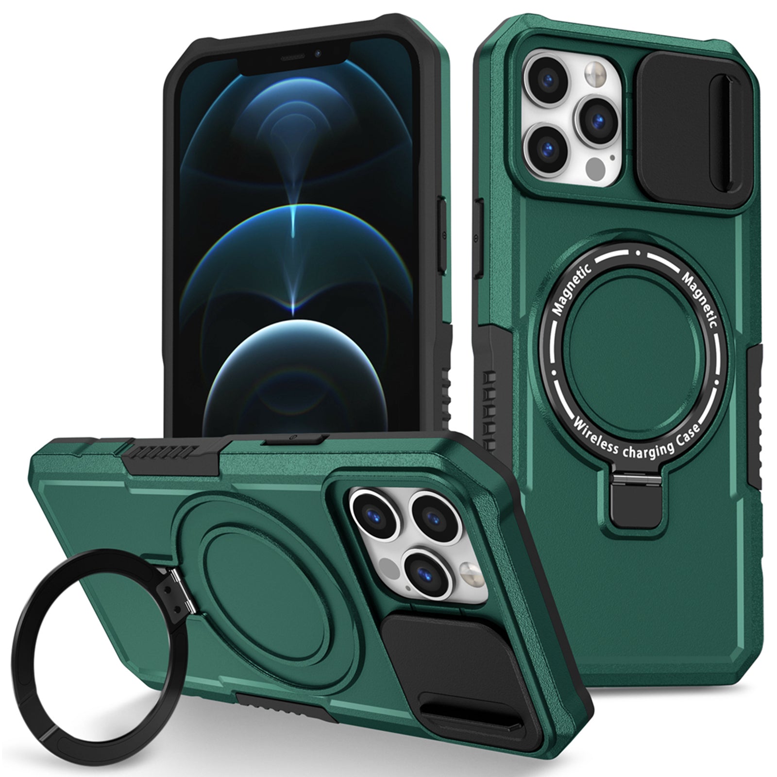 For iPhone 12 Pro Max 6.7 inch Magnetic Phone Case PC+TPU Cover with Slide Camera Lid