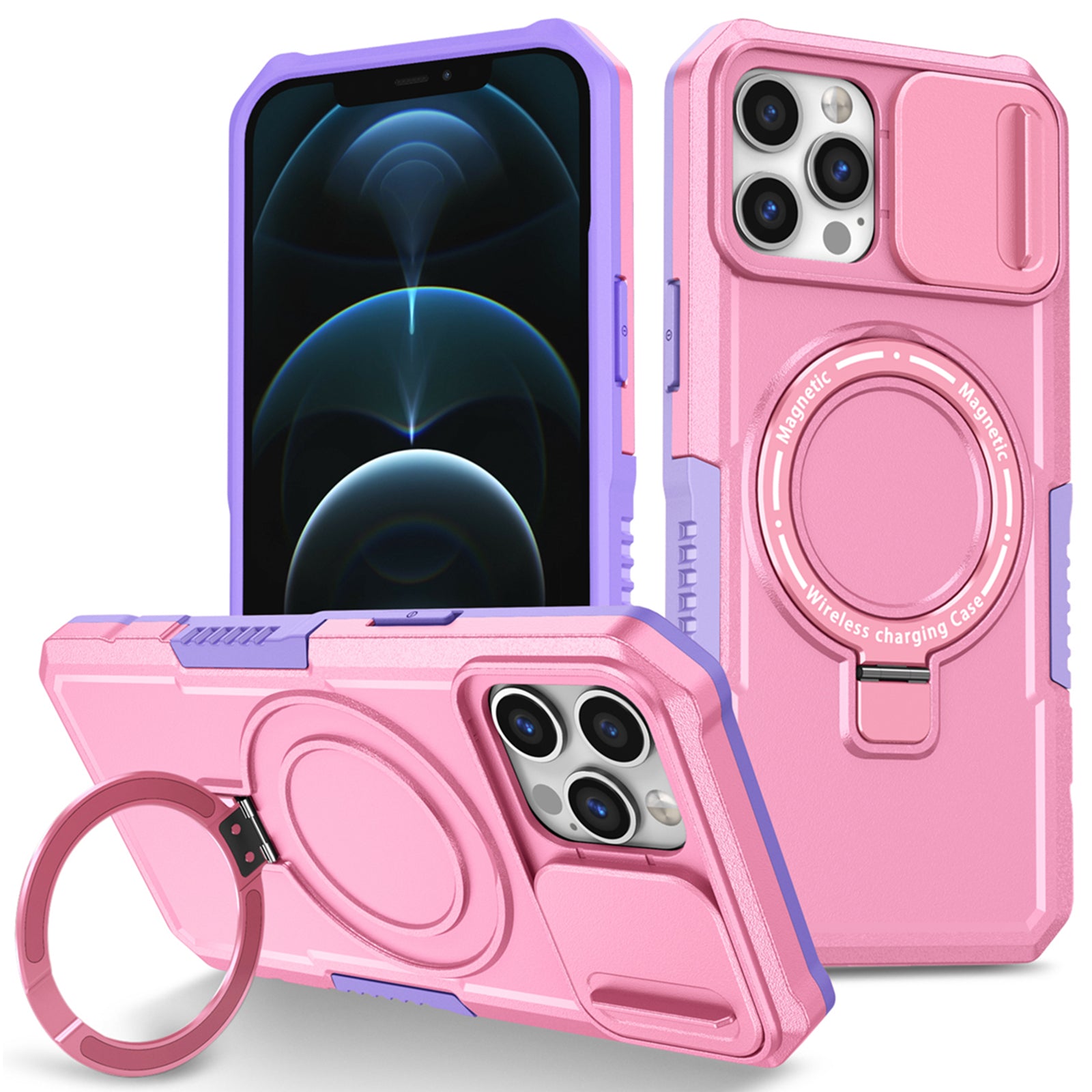 For iPhone 12 Pro Max 6.7 inch Magnetic Phone Case PC+TPU Cover with Slide Camera Lid