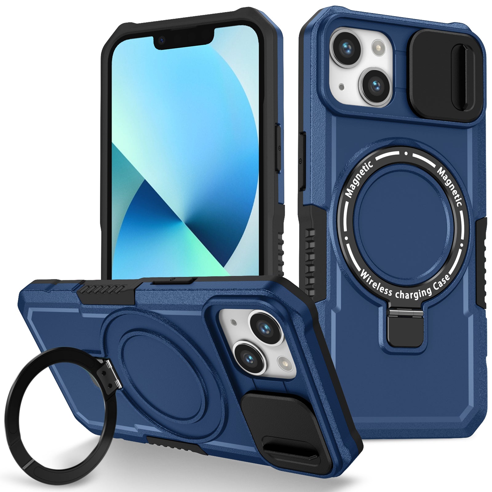 For iPhone 13 Camera Protection Case Magnetic Kickstand PC+TPU Phone Cover