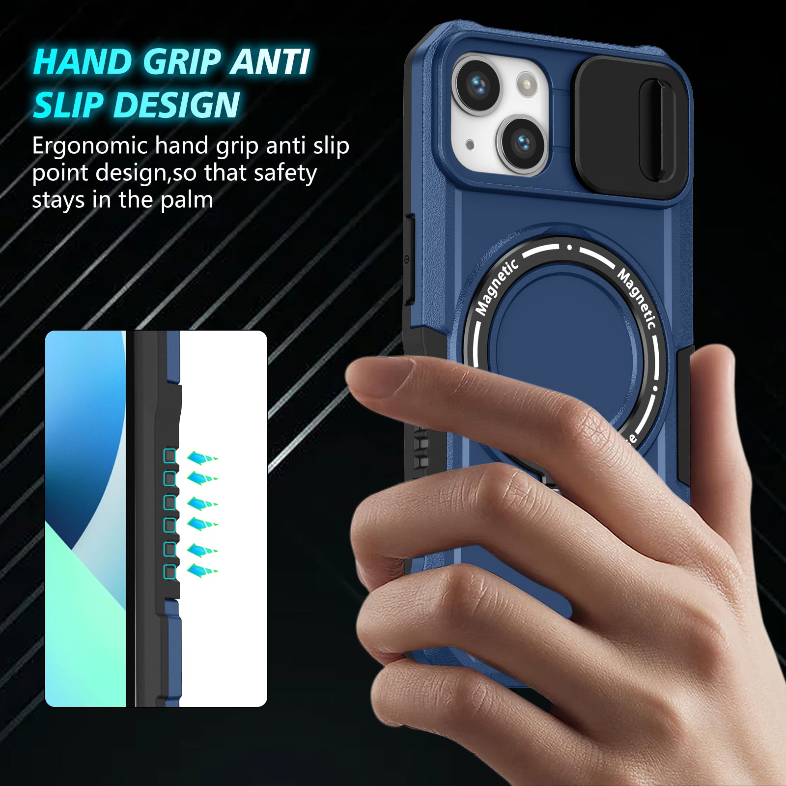 For iPhone 13 Camera Protection Case Magnetic Kickstand PC+TPU Phone Cover